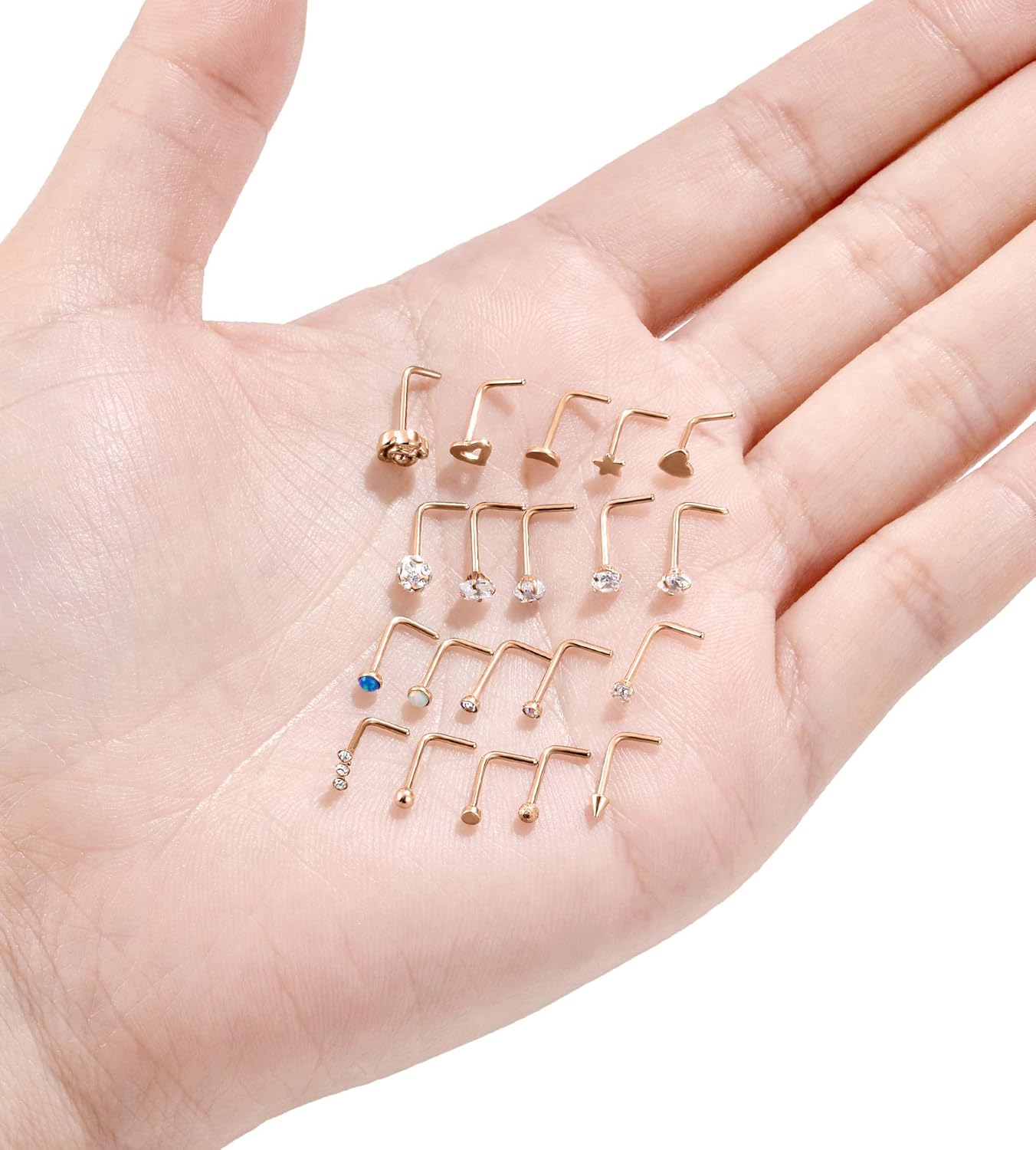 Tornito 20G 20Pcs Nose Ring CZ Nose Stud Retainer L Bone Screw Shaped Nose Piercing Jewelry Set for Women Men Stainless Steel Rose Gold Tone - Image 5
