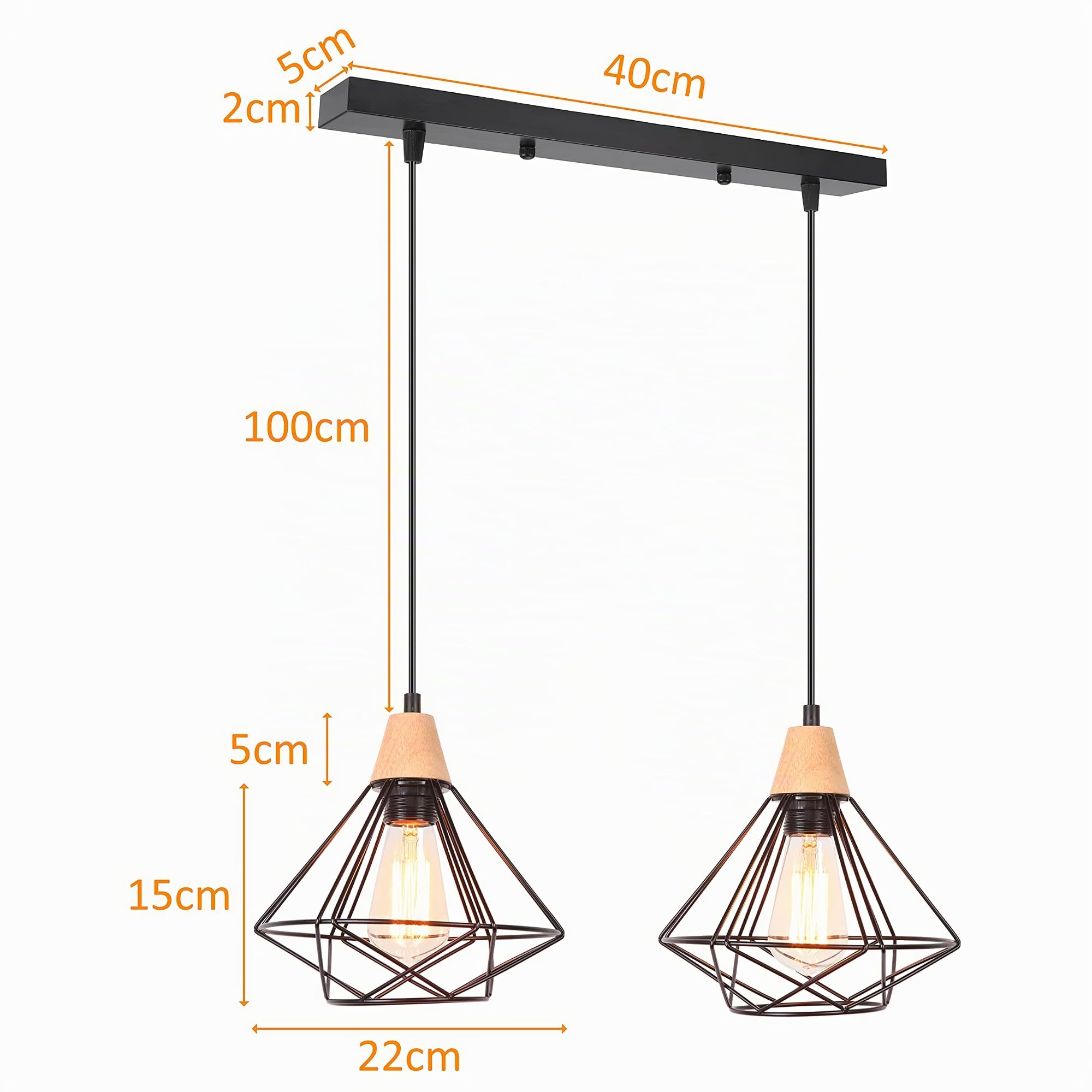 iDEGU 2 Luci Lampadario a Sospensione Vintage Industriale, Lampada da Soffitto in Legno e Metallo Nero Gabbia Geometrica 22cm Retro Lampada a Sospensione Interni per Camera da Letto Cucina (Piatto)