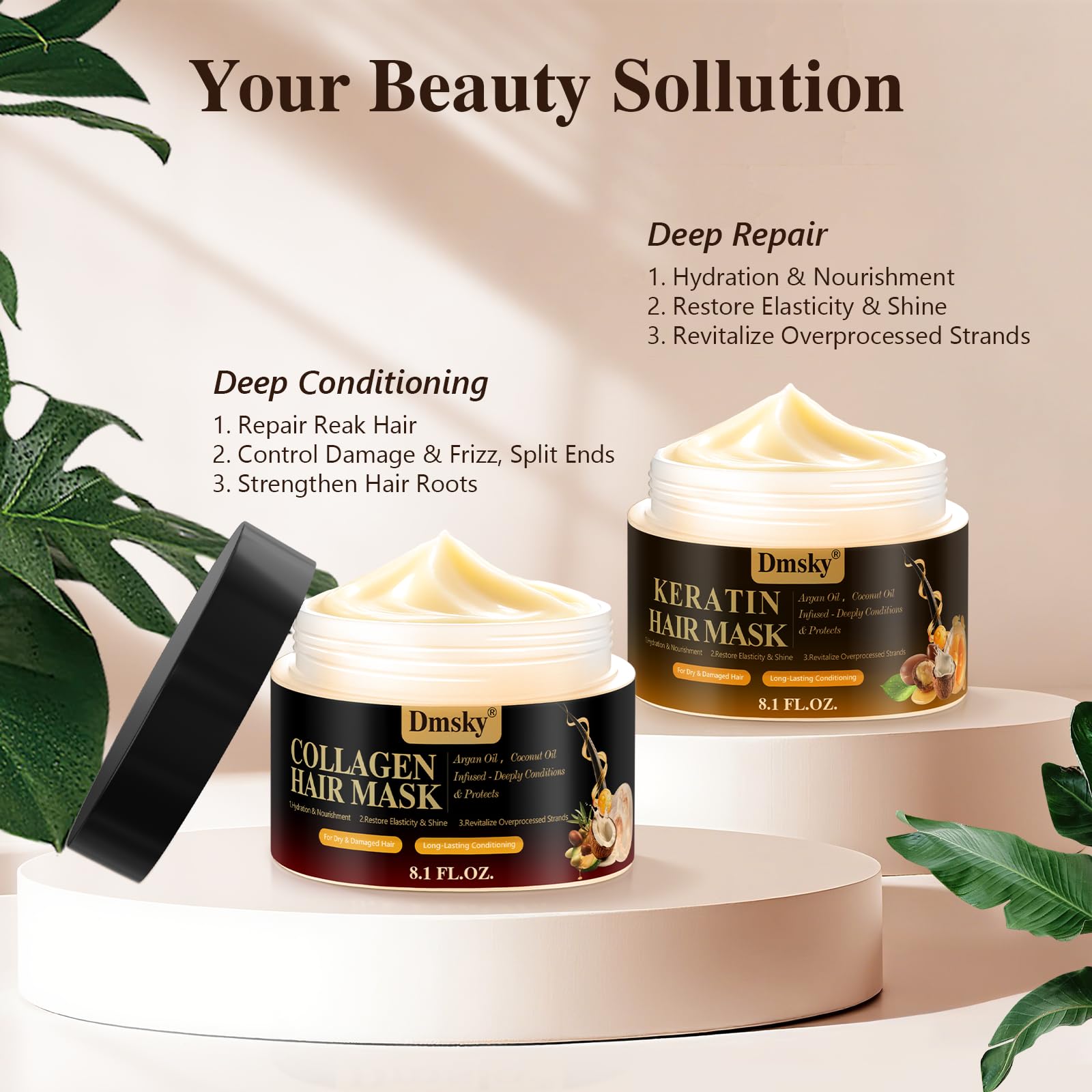 Paquete de 2 mascarillas capilares para cabello dañado, mascarilla capilar de colágeno y tratamiento capilar con queratina, hidratante, reparadora, nutre las máscaras capilares de acondicionamiento 2