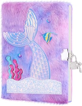 homicozy Mermaid Diary with Lock,Gift for 6 7 8 Year Old Girl,Fuzzy Seceret Journal for Kids with 160 Pages,Fluffy Notebook for Writing and Drawing,Cute Stationery Back to School Gift