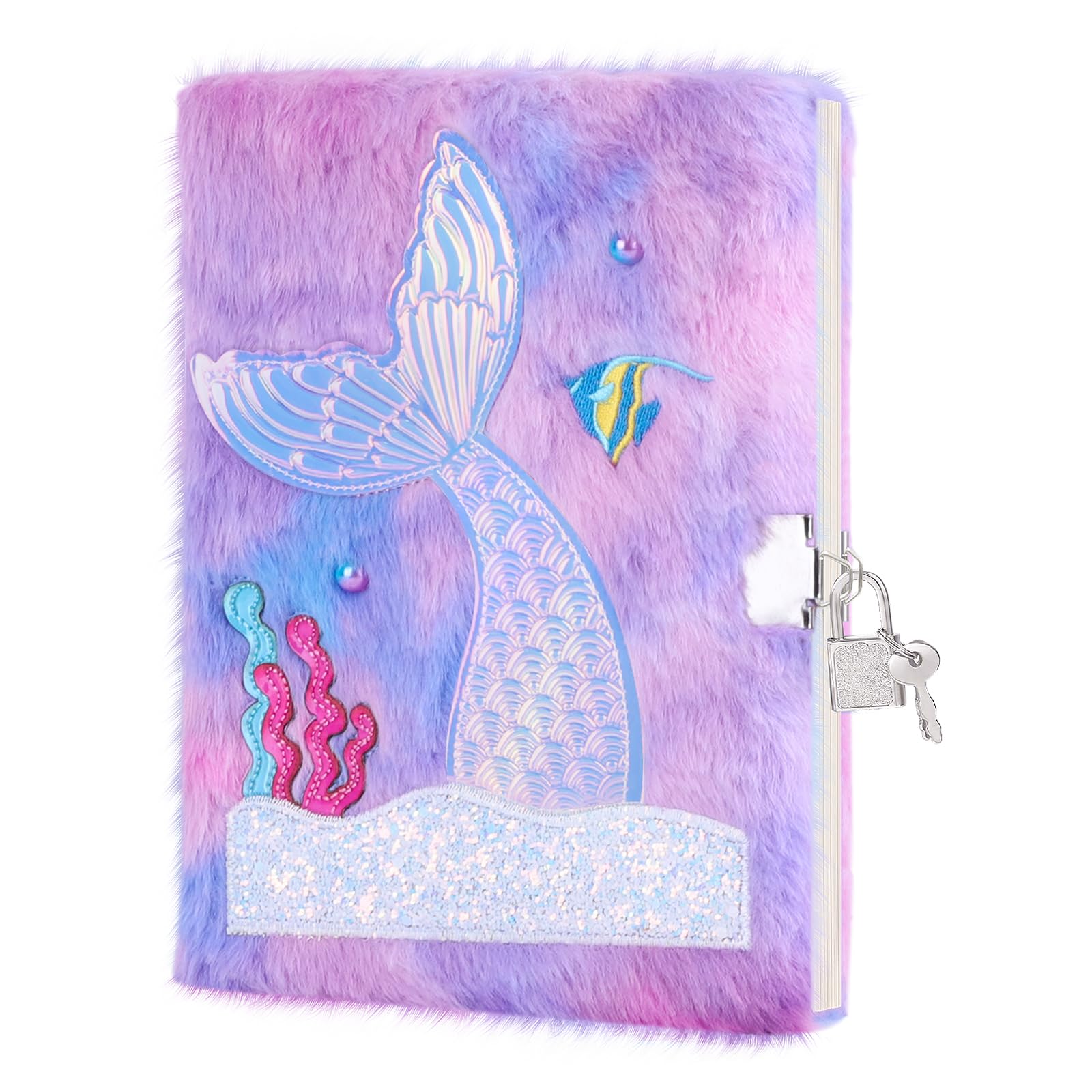 homicozy Mermaid Diary with Lock,Gift for 6 7 8 Year Old Girl,Fuzzy Seceret Journal for Kids with 160 Pages,Fluffy Notebook for Writing and Drawing,Cute Stationery Back to School Gift