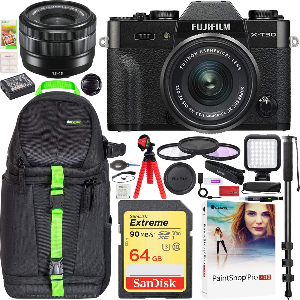 Fujifilm X-T30 Mirrorless 4k WiFi Digital Camera w/XC 15-45mm F3.5-5.6 OIS PZ Lens Black (16619205) Travel Bundle Including Backpack + LED + 64GB Memory Card + Filter Kit + Monopod