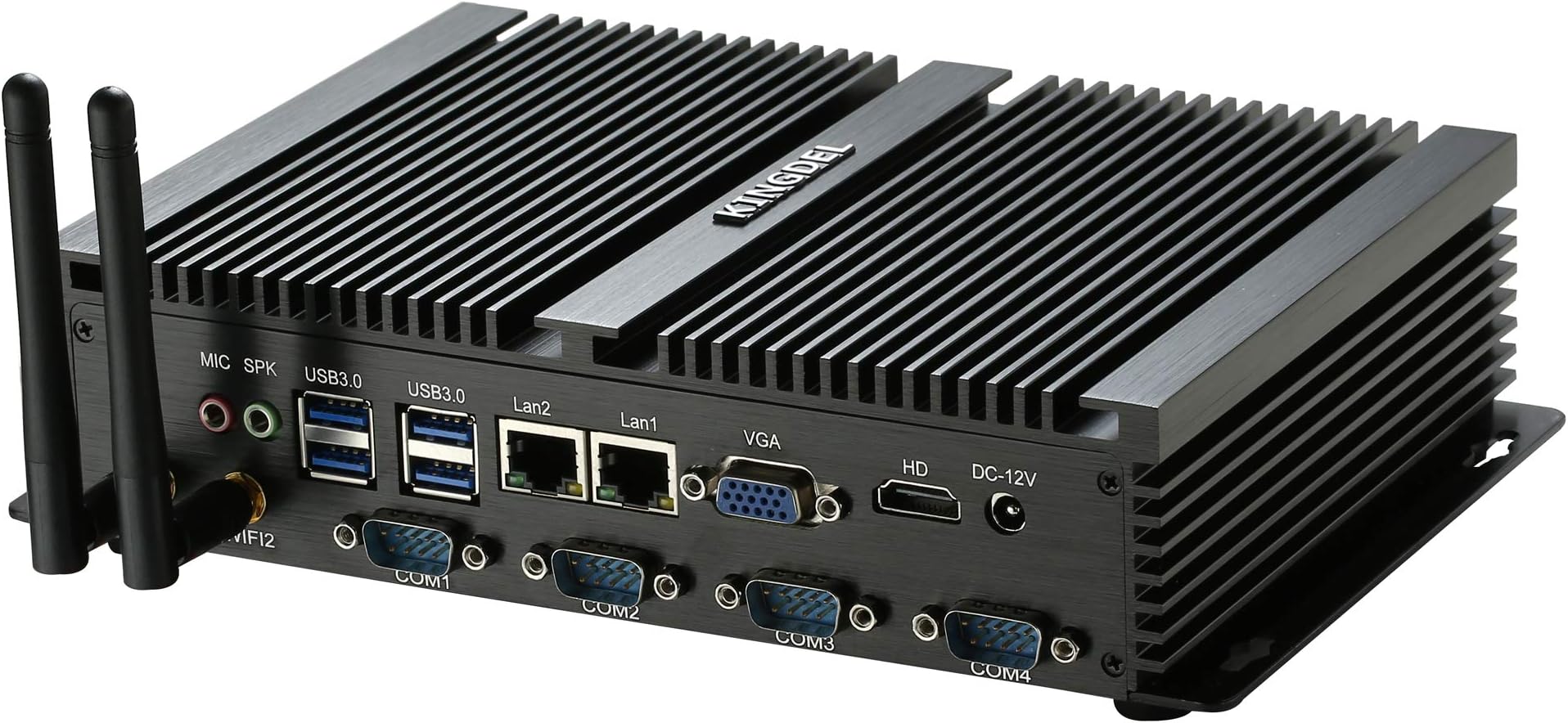 NC1037 Industrial PC, Fanless Mini Desktop Computer with Celeron Dual Core CPU, 8GB RAM, 128GB SSD, 2xNICs, 4xCOM RS232, HD Port, VGA, Full Metal Body WF W-11 Pro