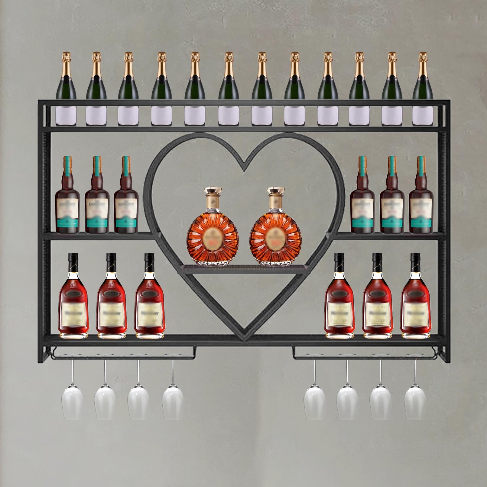 Présentoir à vin mural LED en métal noir avec porte-verres pour bar