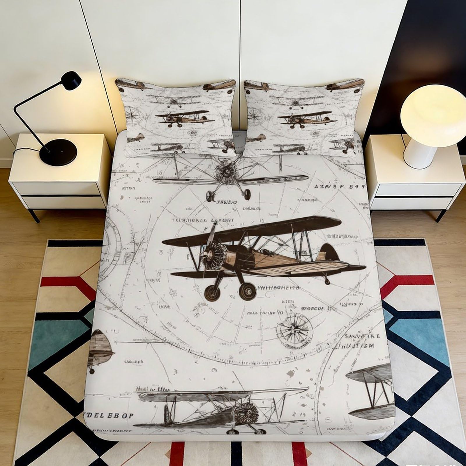 3D Printed Vintage Aircraft Fitted Sheet Microfiber Soft Breathable Airplane Map Bed Cover for Bedroom Guest Room Decor 90x200x25cm