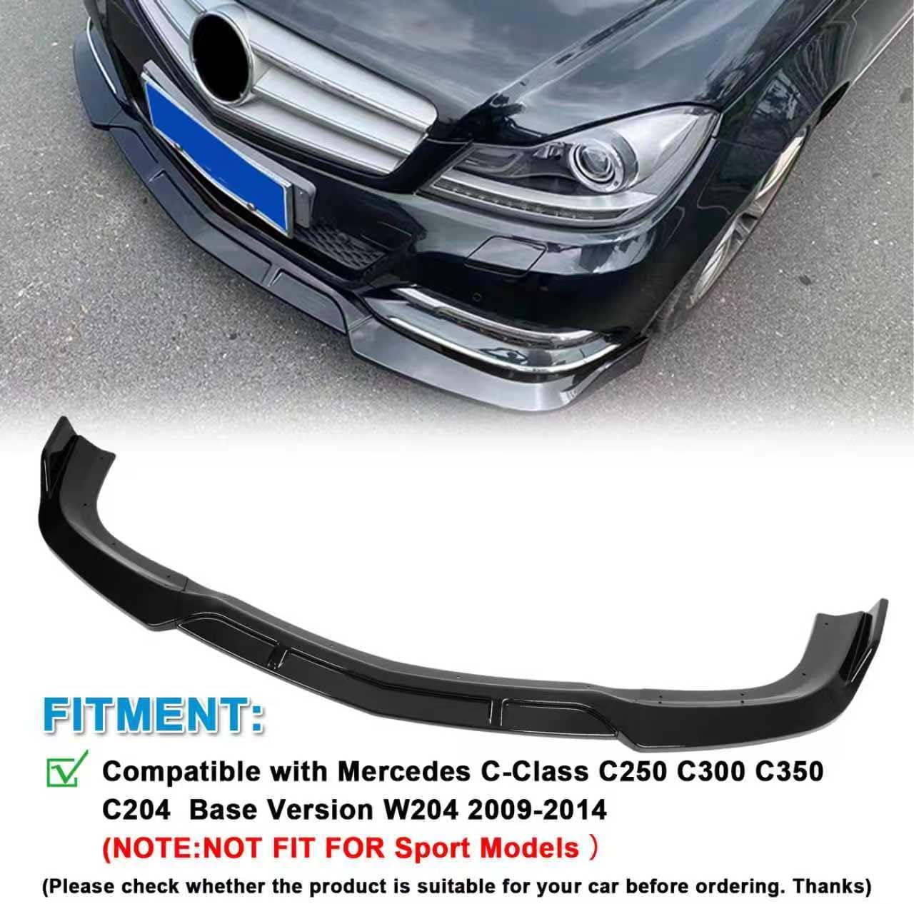 KHK Front Bumper Lip Spoiler for W204 C180 C200 C220 C250 C300 Base Bumper 2012-2014,Glossy Black ABS Air Dam Front Splitter Body Kit Accessories