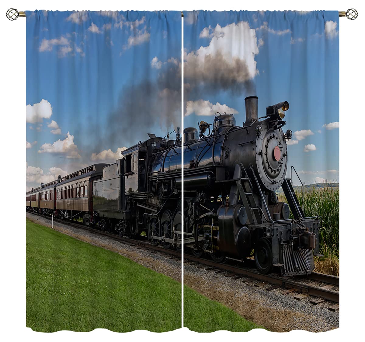 Amextrian Old Train Blackout Curtains for Home Decor,Colorful Old Train Blue Brown Rod Pocket Thermal Insulated Drapes Darkening Window Curtain for