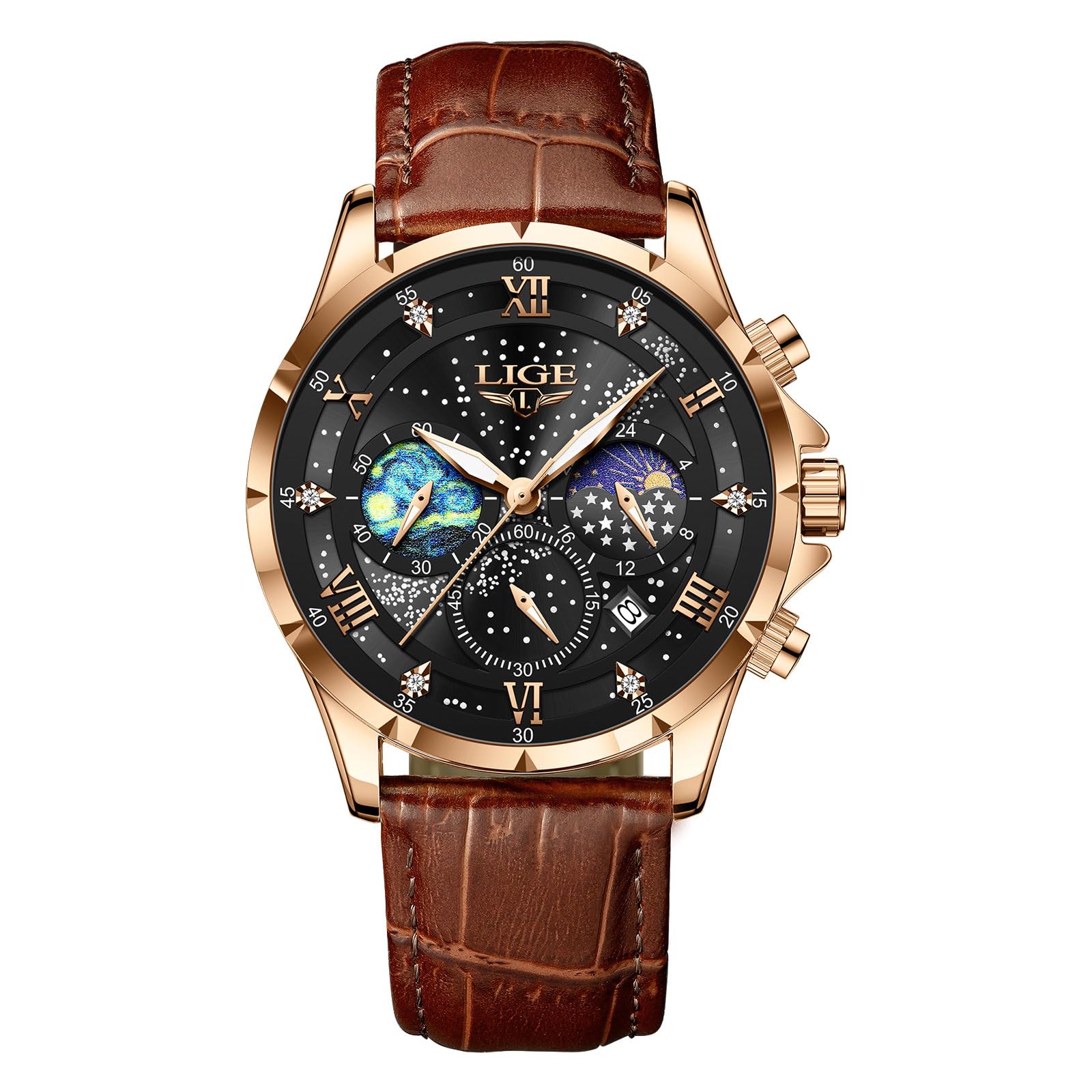 LIGE Orologio da uomo, cronografo, in acciaio inox, impermeabile, analogico, fase lunare, design al quarzo, cinturino in pelle, marrone, con data, luminoso, business, casual, per uomini, colore oro