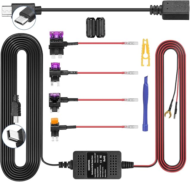 Dash Cam Hardwire Kit, Universal Hard Wire Kit for Dash Camera with Mini/Micro Port, 13ft Car Camera Charge Power Cord Kit 12V- 24V to 5V,Power Adapter with LP/Mini/ATO/Micro2 Fuse for Dashcam GPS etc