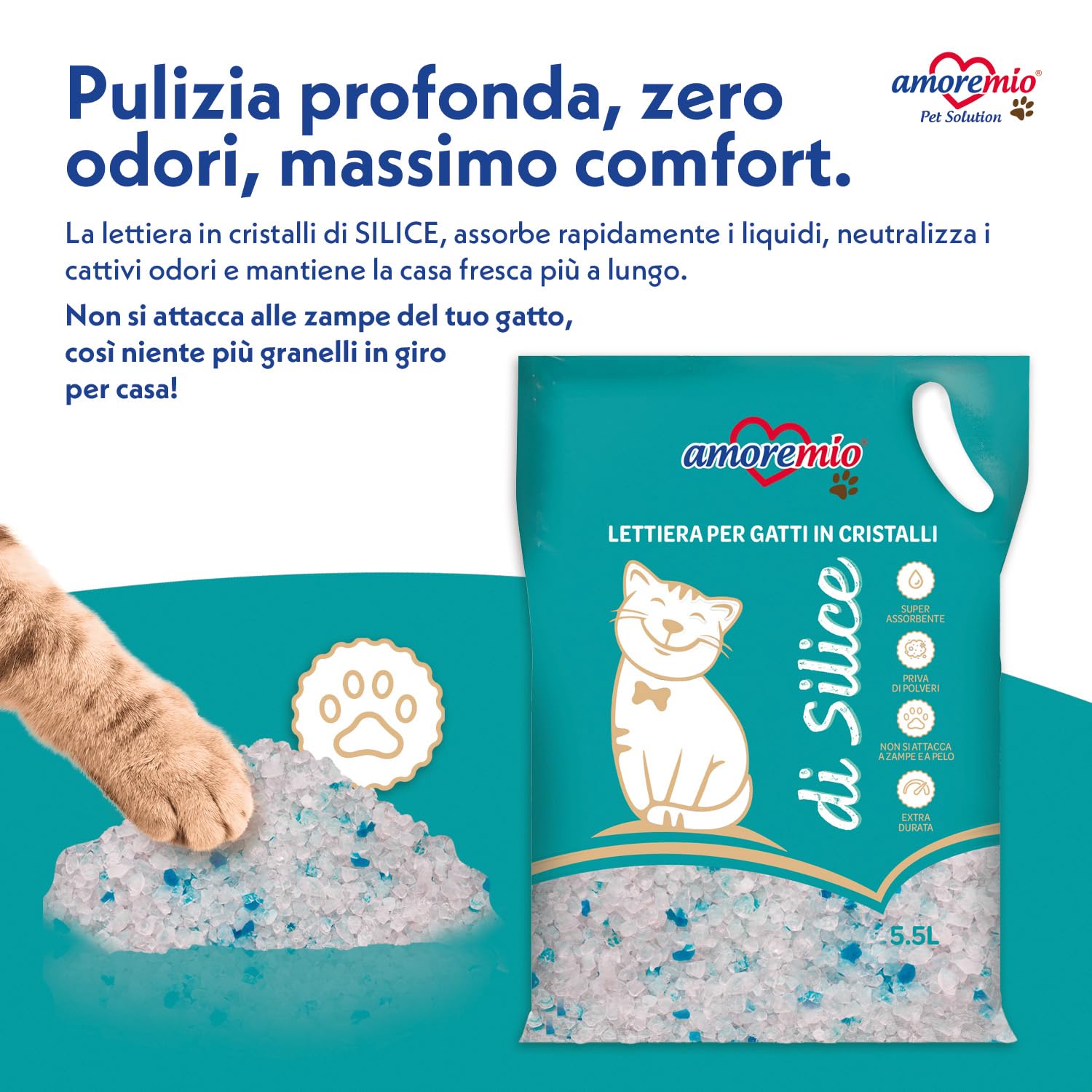 Amore Mio - 33 Litri - Lettiera Gatto - Sabbia in Cristalli di Silicio - ad Alto Assorbimento e Veloce da Pulire, 5,5 Lt (6 Confezioni)