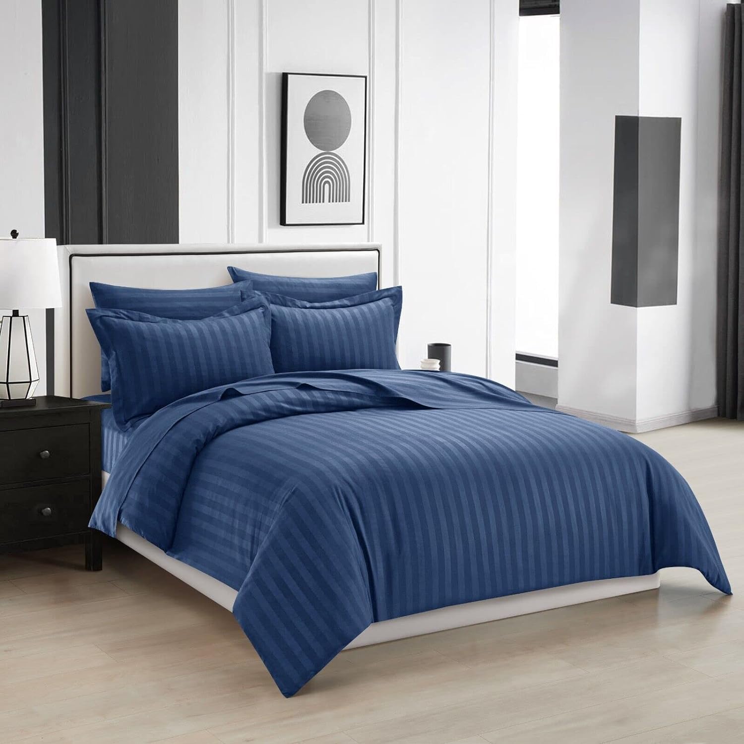 Hotel Collection's 4-Piece Stripe Duvet Set in Soft Touch Sateen Stripe With Matching Pillowcases for Unmatched Luxury in Single,Double,King And Super King Size. (Royal Blue, Single)