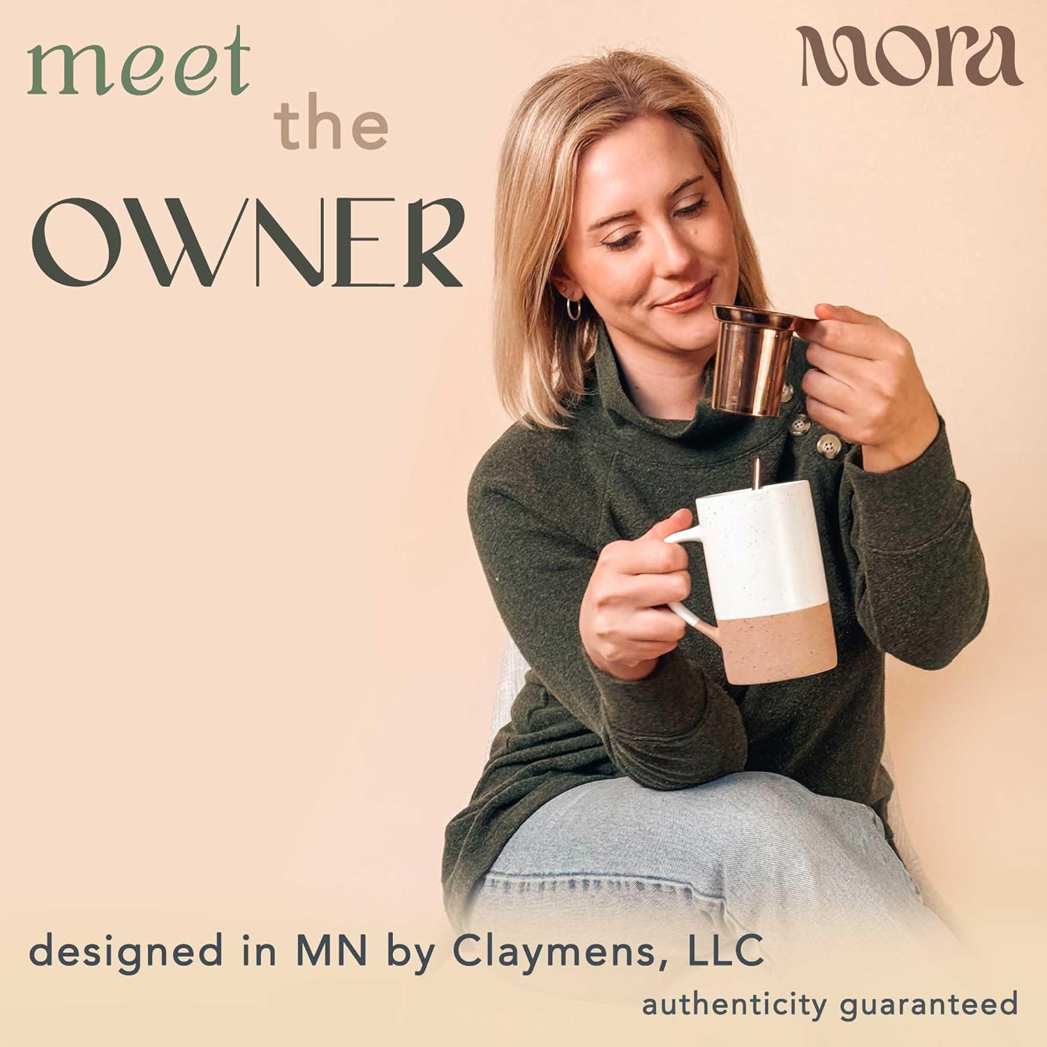 Mora 12oz Ceramic Tea Cup with Infuser, Spoon, Lid - Microwave & Dishwasher Safe - Image 3