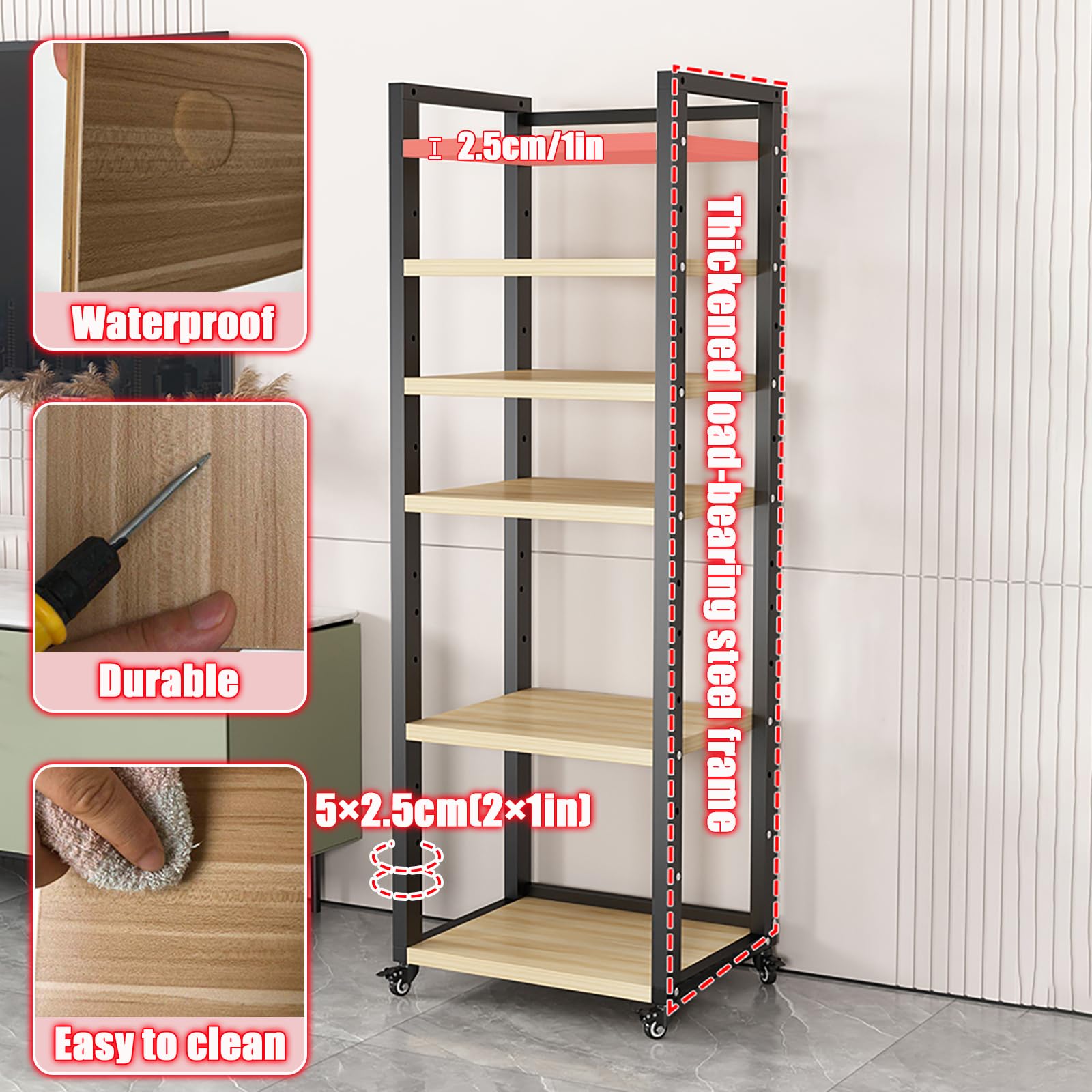 Scaffale stereo regolabile con ruote, supporto per componenti audio a 6 livelli, versatile scaffalatura per dispositivi multimediali, robusta struttura in noce per home theater, 60 x 40 x 161 cm