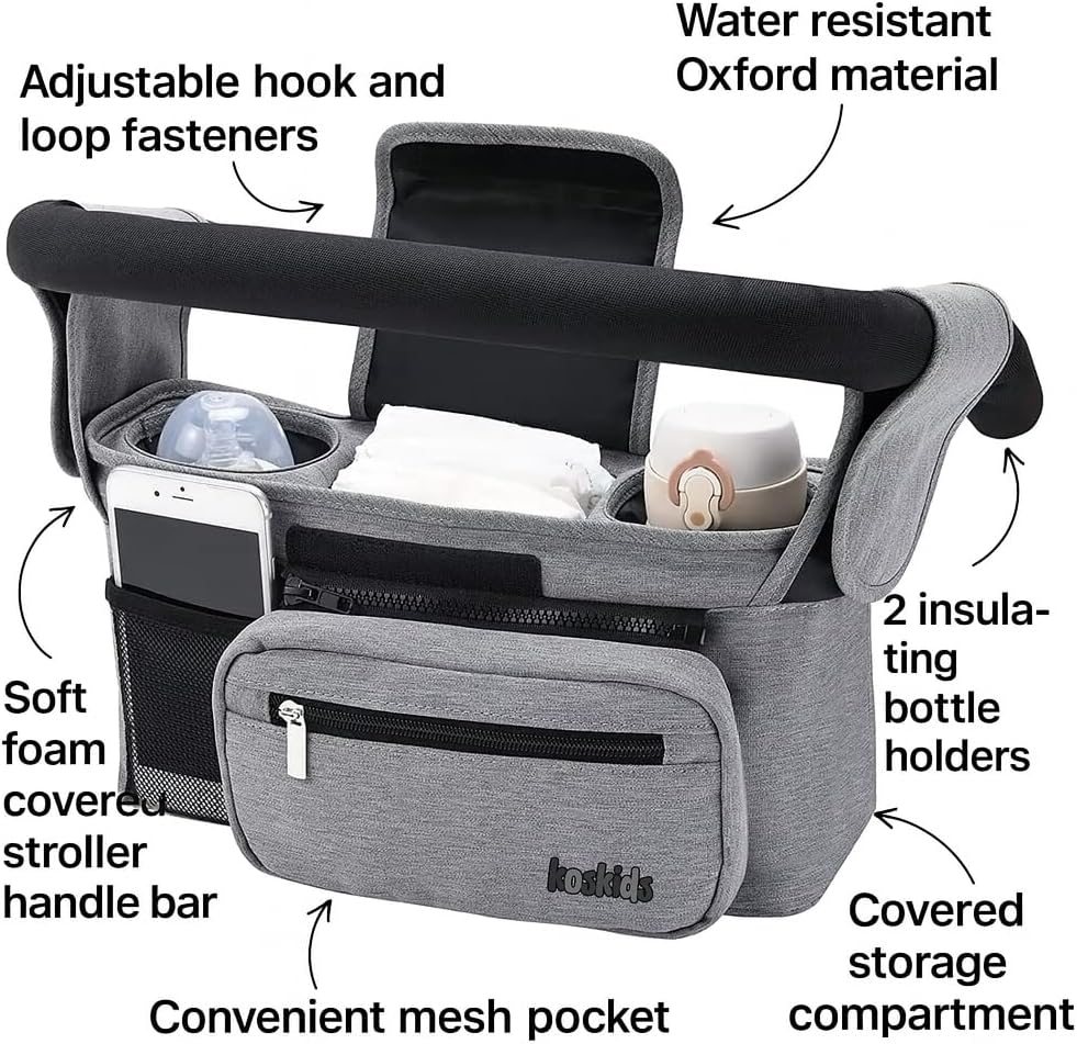 Universal Stroller Organizer with Insulated Cup Holder, Detachable Phone Bag, Shoulder Strap – Fits All Stroller Types, Keeps Drinks Hot/Cold (Grey)