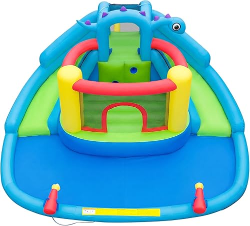 Vista 9 de BOUNTECH Tobogán acuático inflable, estilo dinosaurio, parque de toboganes dobles con casa de rebote, castillo de salto con 2 cañones de agua