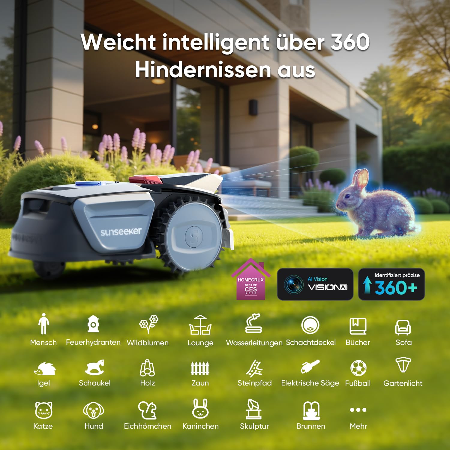 Sunseeker V1+Garage, Mähroboter ohne Begrenzungskabel, 300 m² für Kleine Gärten, Vision AI Intelligente Navigation, Rasenroboter mit EIN-klick-Mähen, Silbergrau