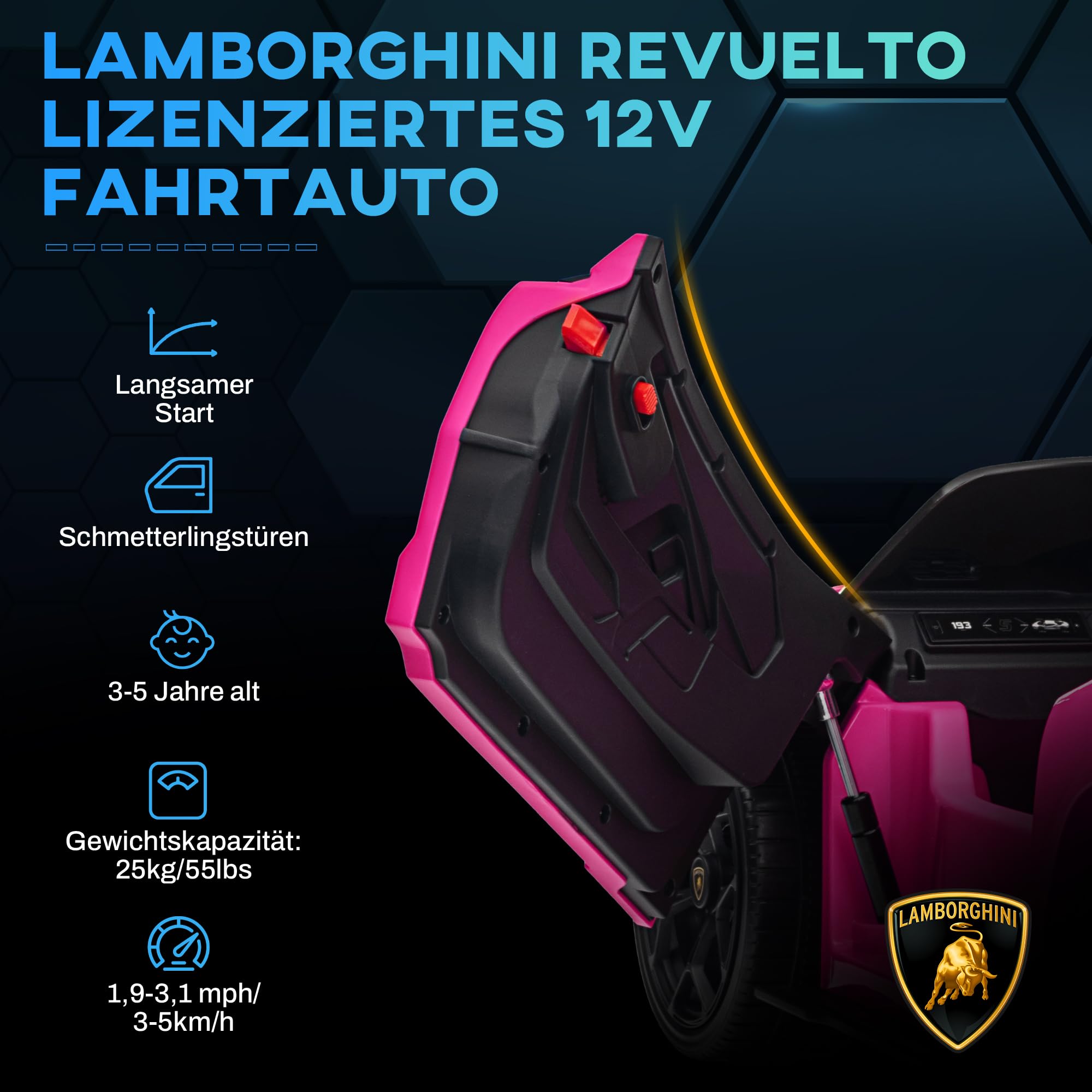 AIYAPLAY Kinder Elektroauto 12V Lamborghini Kinderauto, Flügeltür Rosa