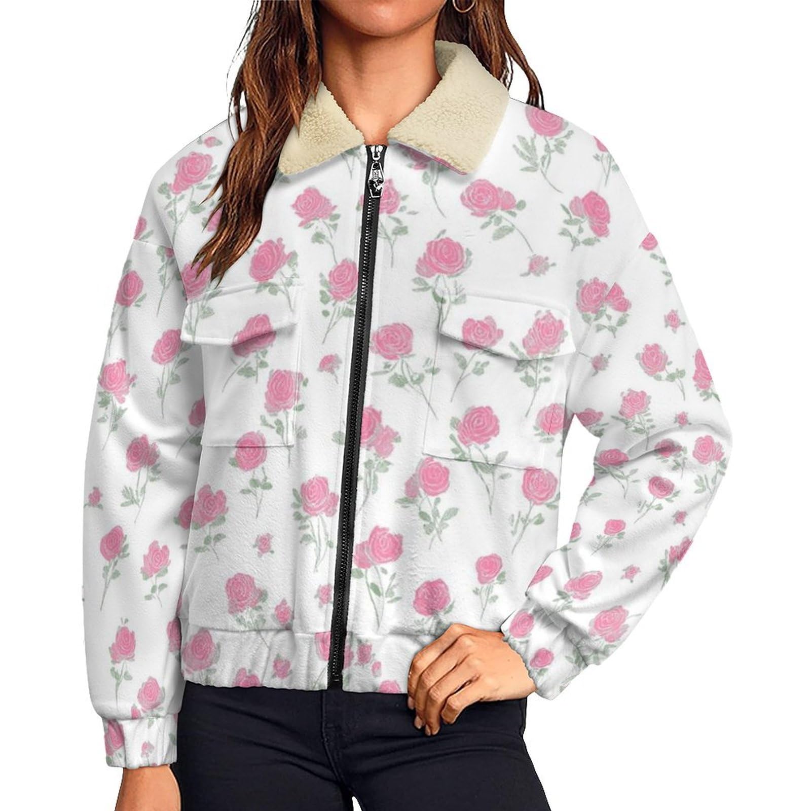 Donna Pile Stampa Illustrazione retrò Caldo con Cerniera, Giacca da Camera Invernale Corta Pile Giacche, Piccola Rosa Cappotto In Peluche Sherpa Giubbotto Fleece Comoda