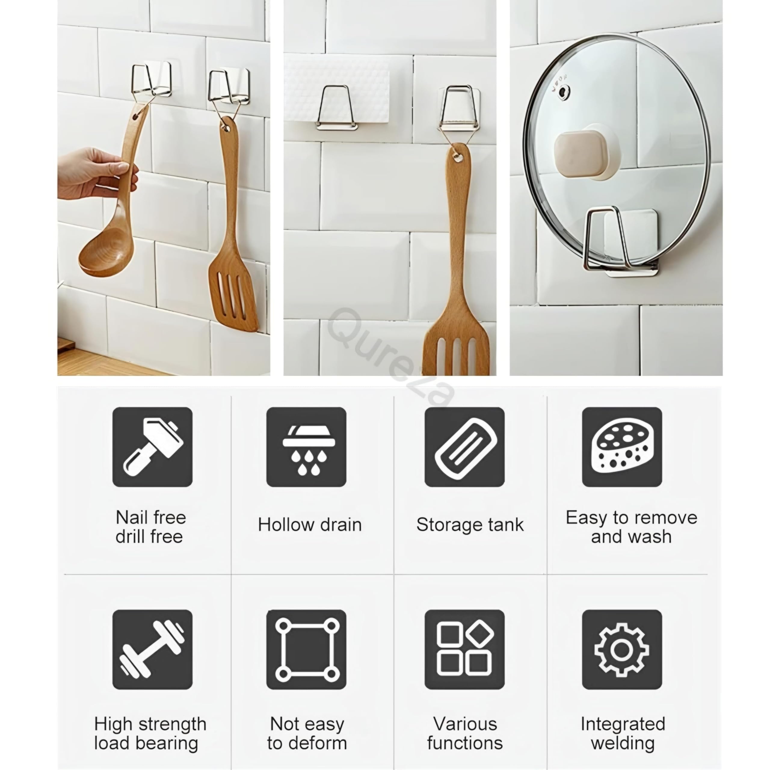 Qureza Adhesive Sink Sponge Holder for Kitchen,Stainless Steel Scrubber and Brush Hanger Caddy Accessories Storage Rack Stand,Waterproof Caddy Organizer Kitchen Accessories (Pack of 4) 1