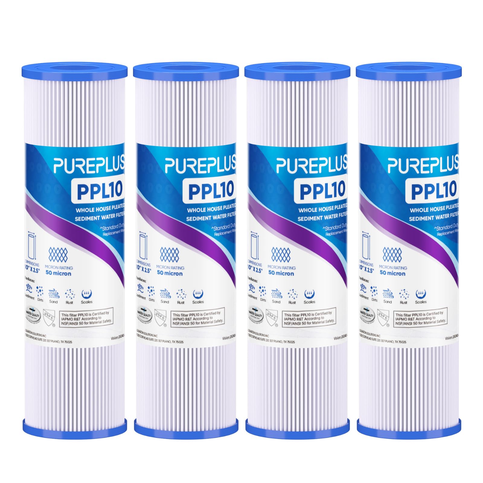 PUREPLUS Filtro per sedimenti pieghettato per acqua di pozzo, 50 micron, 25,4 x 6,3 cm, cartuccia di ricambio per sistema universale RO da 10", W50PE, WFPFC3002, SPC-25-1050, FM-50-975, 801-50, WB-50W