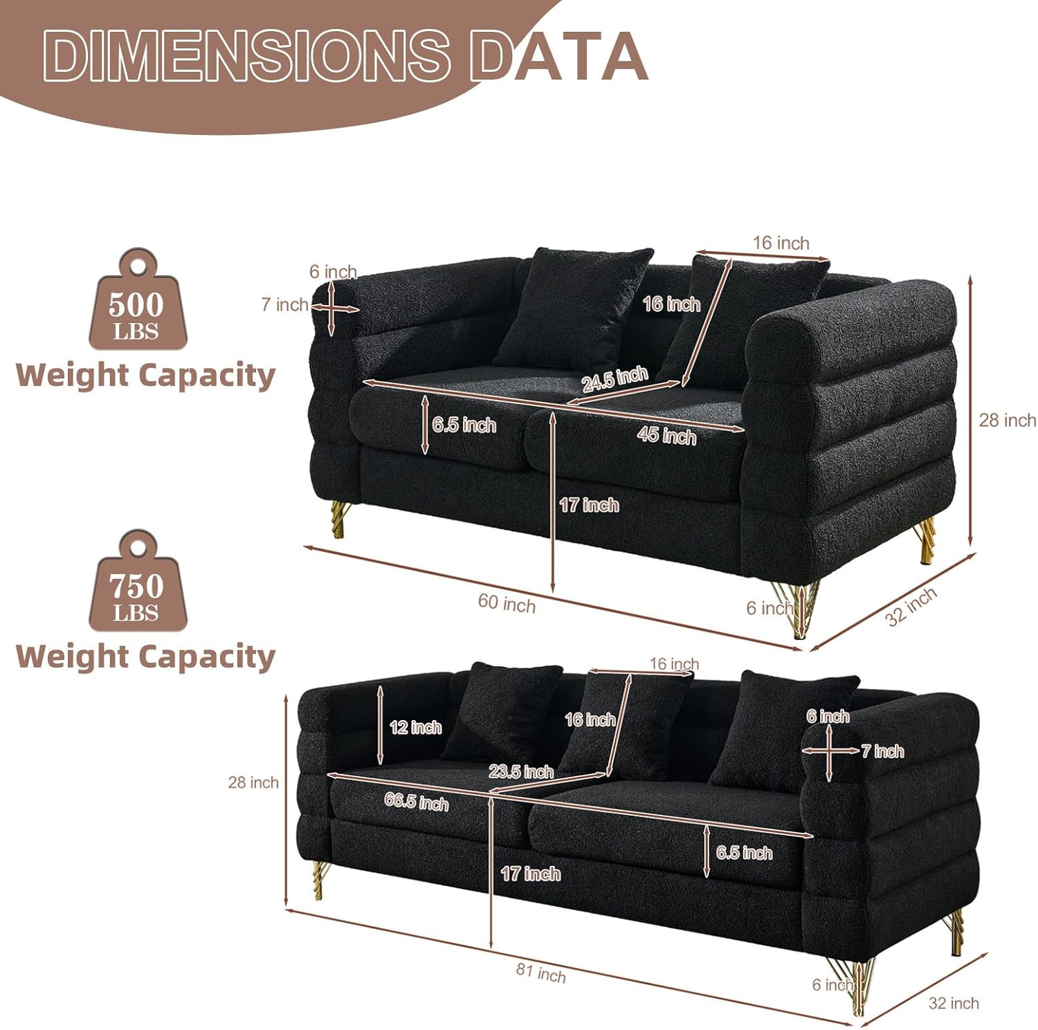 2 Pieces Cloud Sofa Set, Teddy Bouclé 3 Seater Couch and Loveseat Sets, Upholstered Modern Sofa with Gold Legs & Pillows, Comfy Deep Seat Couch for Living Room, Bedroom, Office, Apartment(Black)