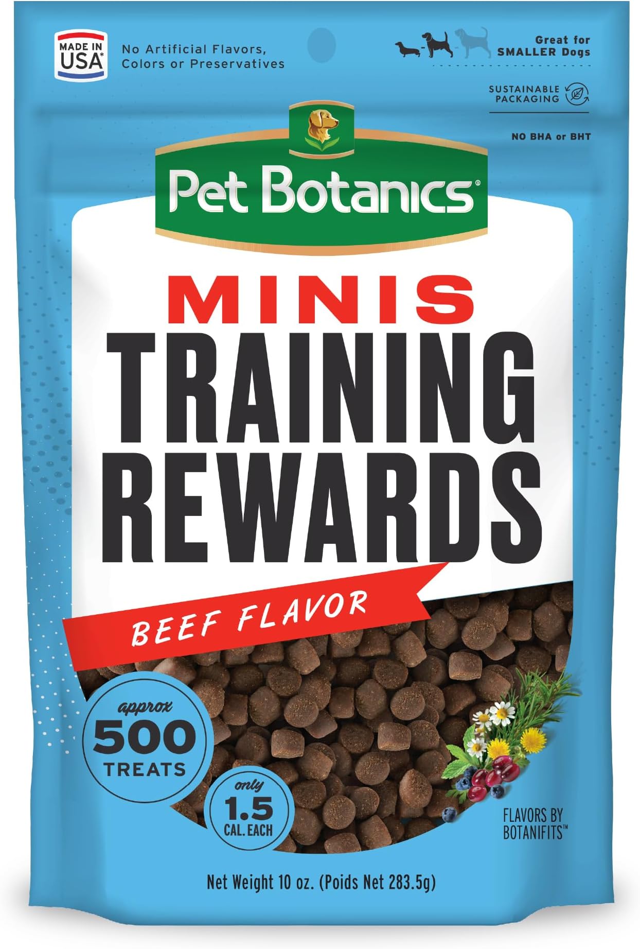 Pet Botanics 10 Oz. Pouch Training Reward Mini Soft & Chewy, Beef Flavor, with 500 Treats Per Bag, The Choice of Top Trainers