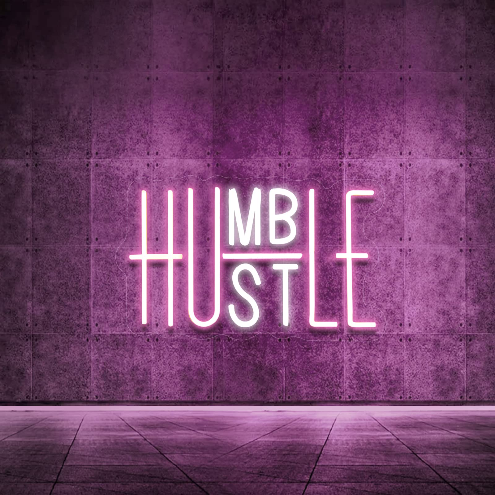 Hustle LED Neon Sign for Wall Decor, Humble LED Neon Lights for Party Decorations, USB Powered Switch Adjustable Brightness Lights, for Office Room, Gym Room, Man Cave Decor (Pink&White)