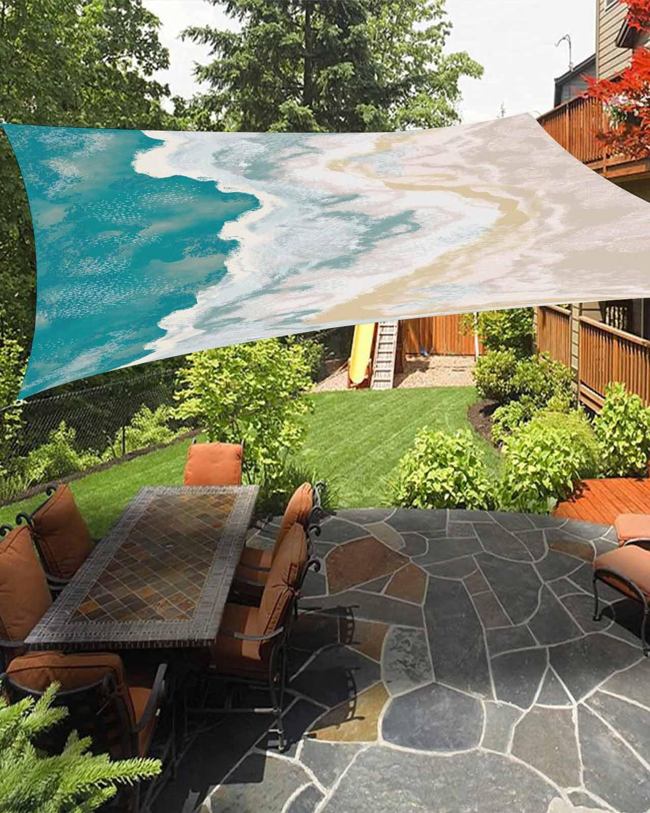 Boanket Sun Shade Sail 12' x 16', Beach Coastal Sun Blocking Shades Privacy Outdoor Covering, Summer Nautical Boho Teal Beige Abstract Art Shade Cloth for Patio Deck Garden Lawns Beach Backyard