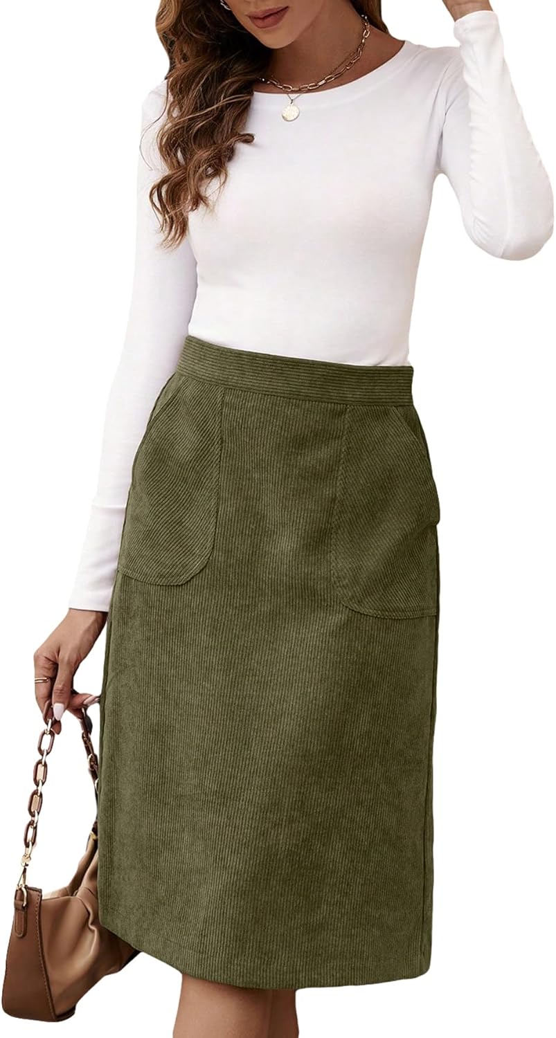 SweatyRocks Women's High Waist Straight Midi Skirt Split Hem Corduroy Skirts with Pockets - Image 4