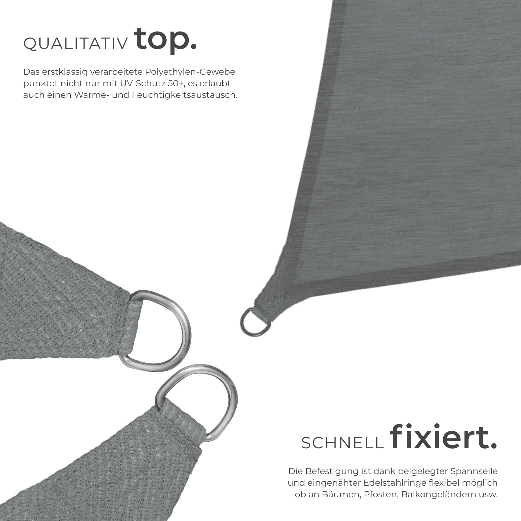tectake® Sonnensegel mit UV Schutz, Sonnenschutz und Sichtschutz Balkon, Sichtschutz Garten, für Pergola, Windschutz Terrasse, mit Ösen und Spannseile - quadratisch grau - 5,4 x 5,4 m