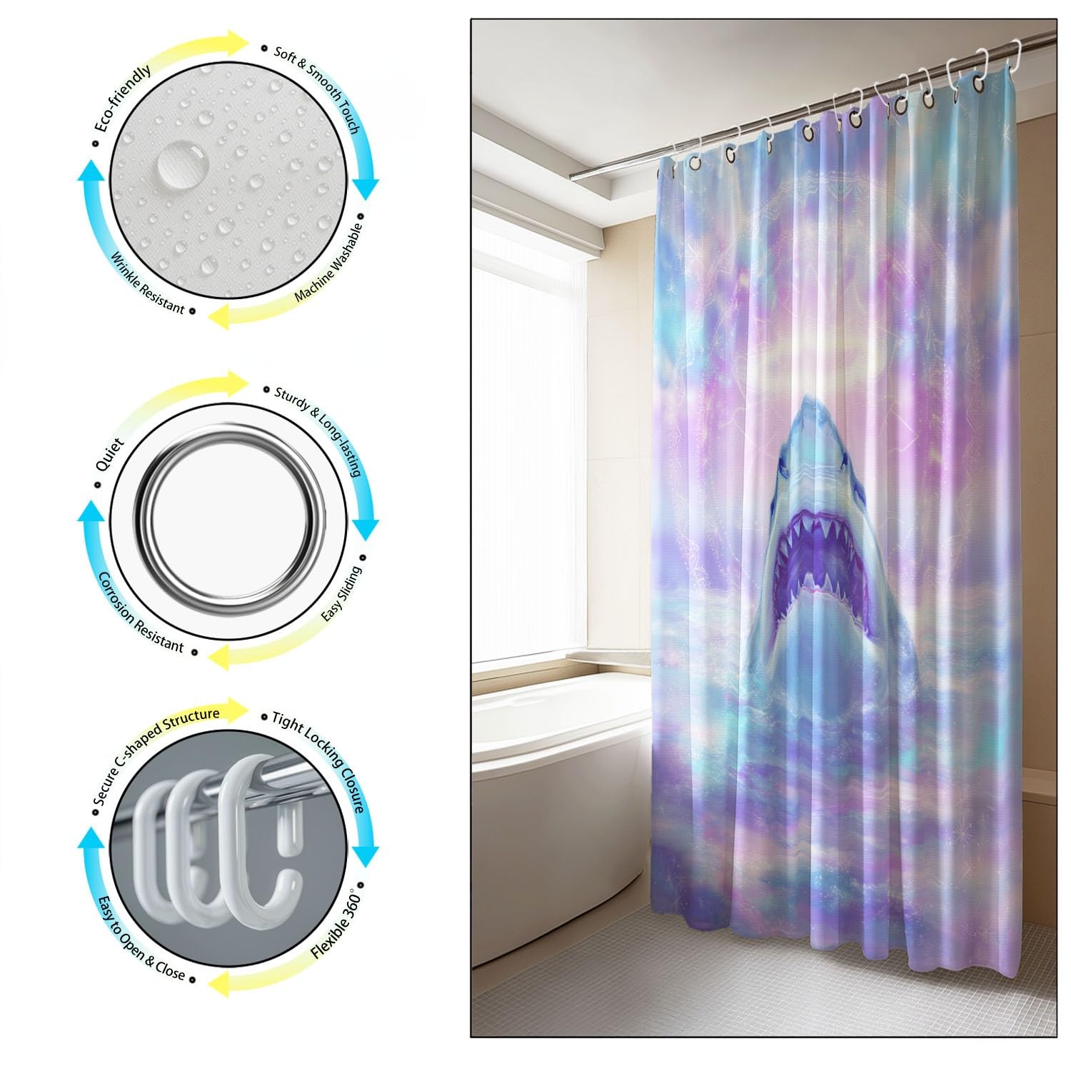 Generico Zasłona prysznicowa 3D Ocean wschodzący rekin aureola dla miłośnika zwierząt, fantastyczna róża, 200 x 200 cm wodoodporna zasłona łazienkowa z mikrofibry, odporna na pleśń, zmywalna, z