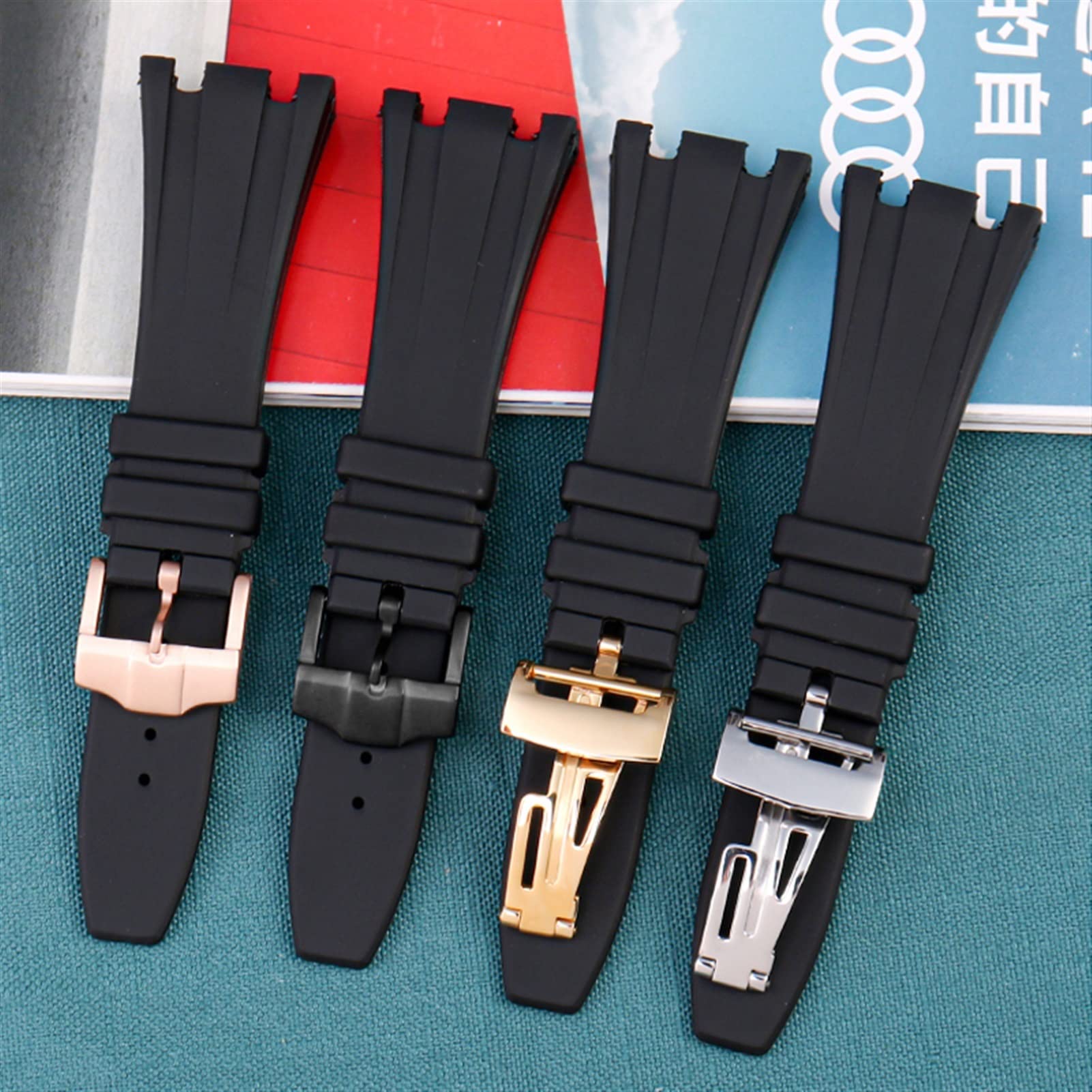 SKM Schwarzes Silikon-Gummi-Armband für Audemars für Piguet-Armbanduhr, 28 mm, AP-Band, Herren-Armband, Schmetterlings-Schnalle, Werkzeuge (Farbe: schwarze silberfarbene Schnalle, Gr??e: 28 mm)