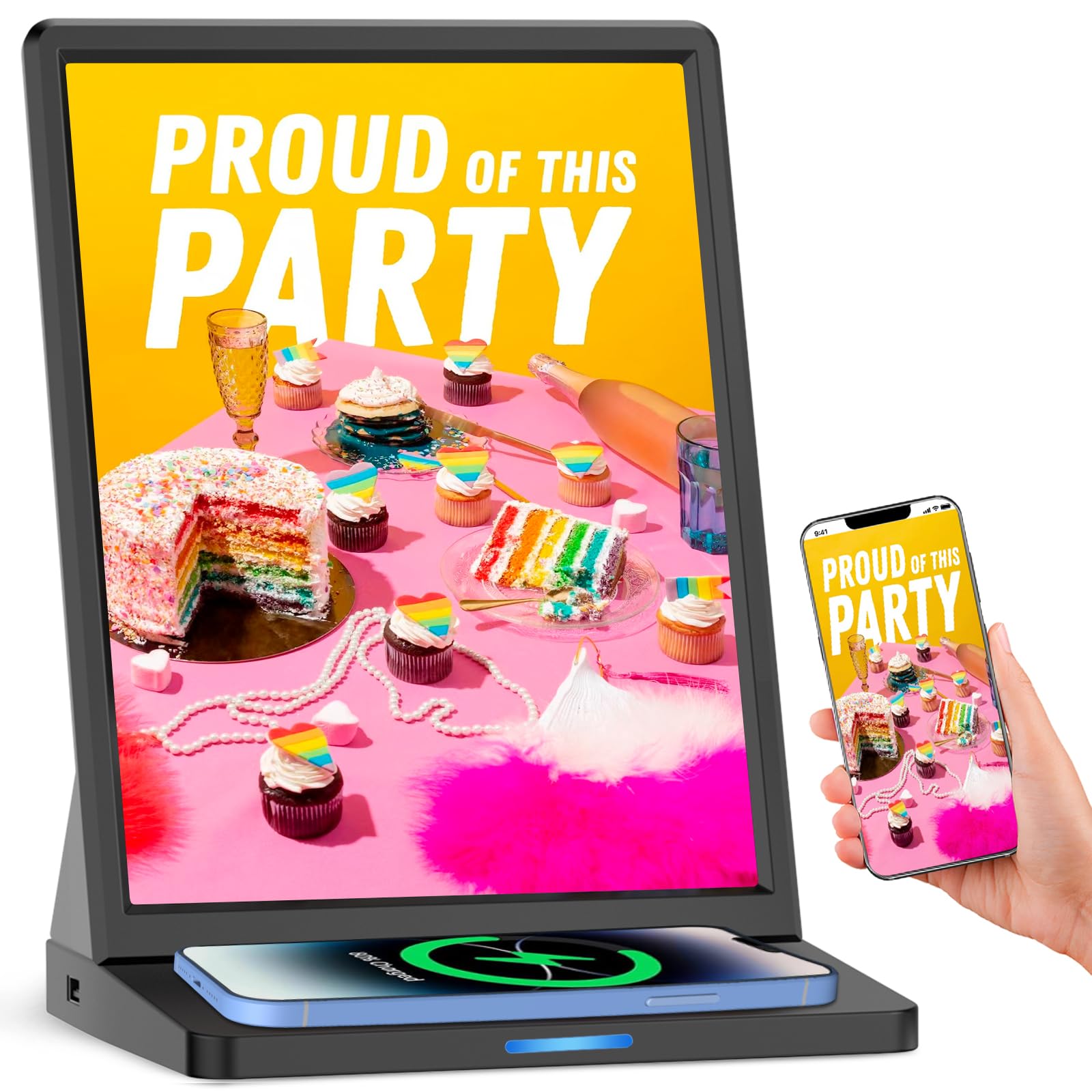 PWR4GTR 9.7 Inch Digital Signage, Touch Screen Advertising Display with Wireless Charger, 3000mAh Battery Powered, Commercial LCD Monitor with Auto