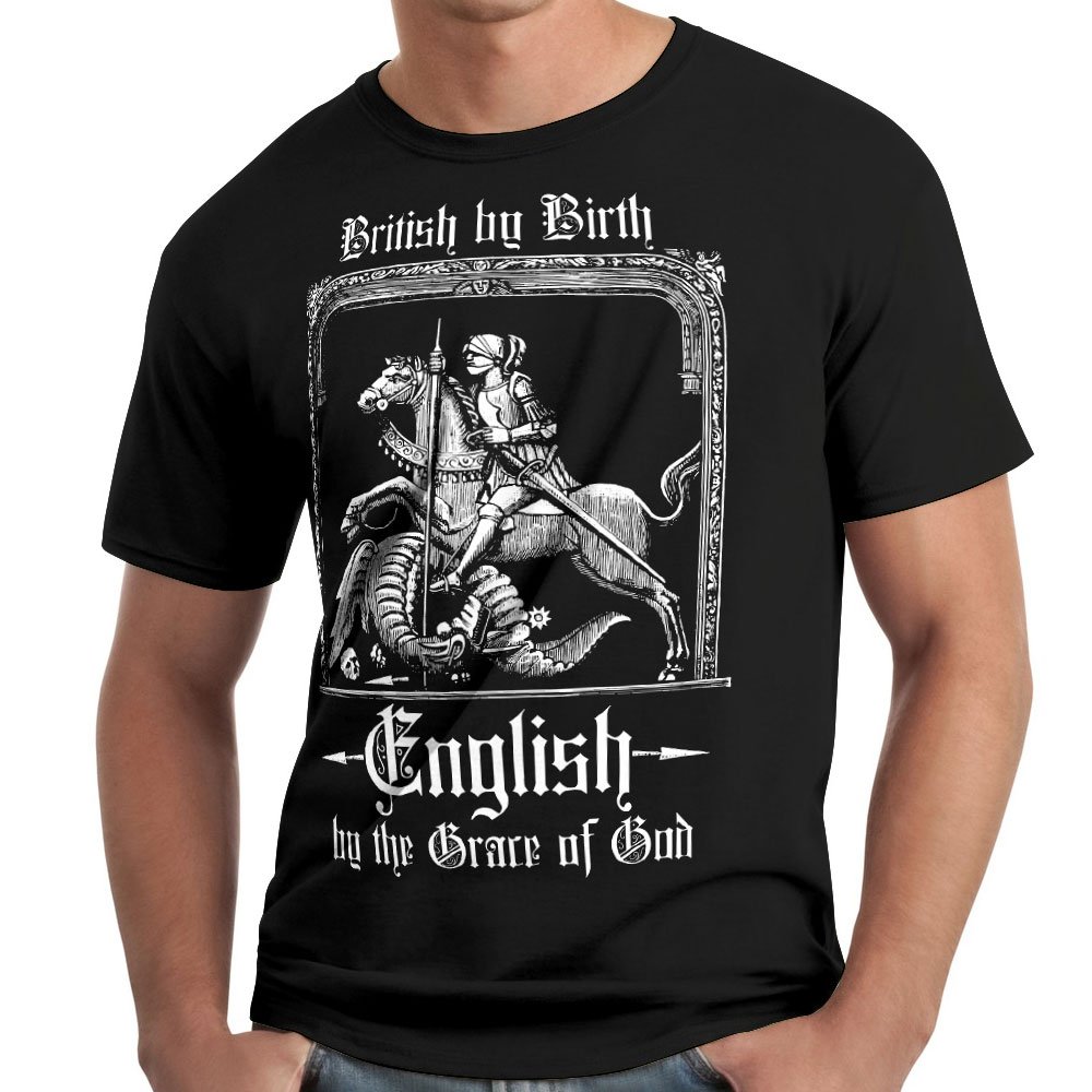Senlak Men's Black England T-Shirt British By Birth, English By The Grace Of God - St George (Large)