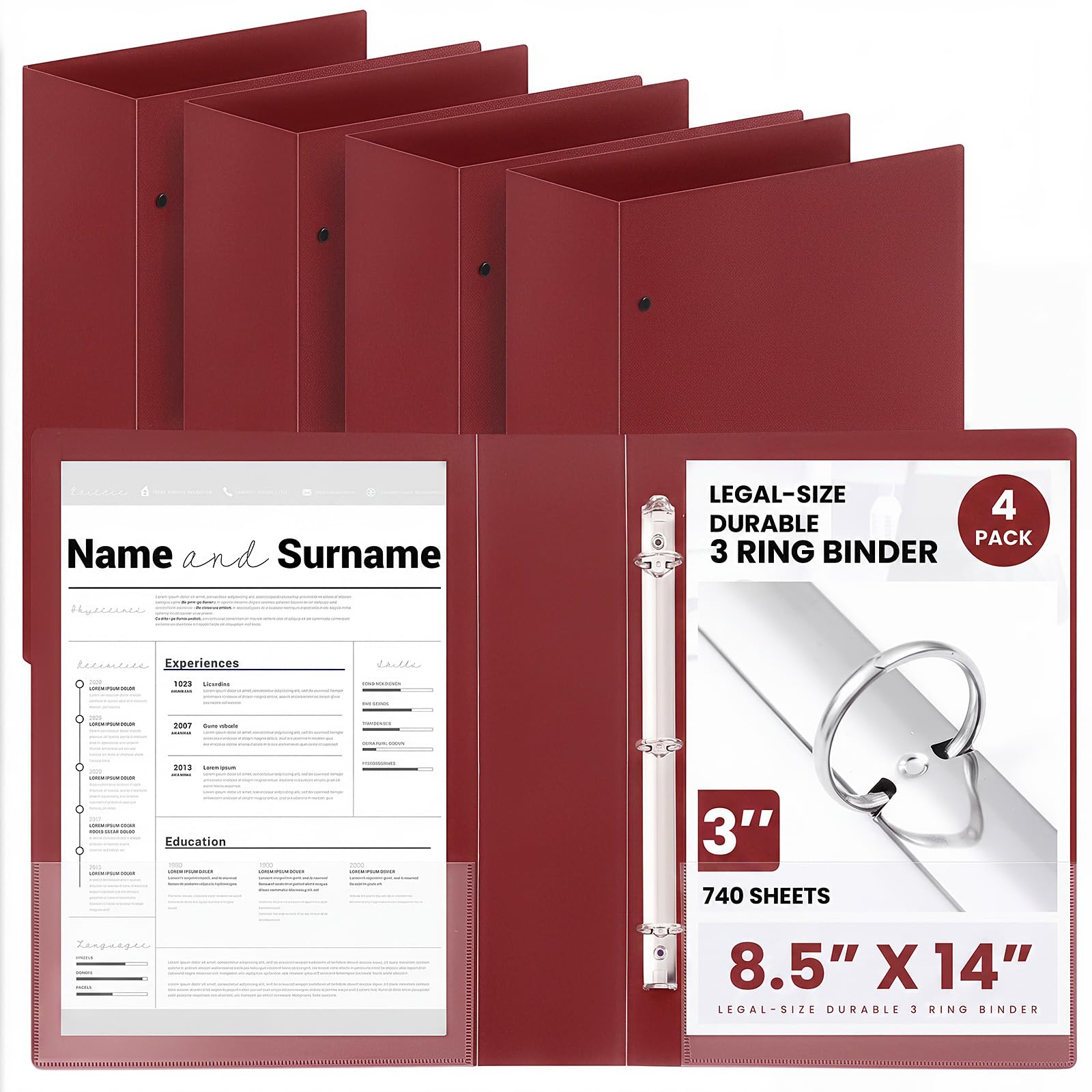 Henoyso 4 Pcs 8.5" x 14" Legal Size Binder, 3 Ring, 3 Inch, Dark Red