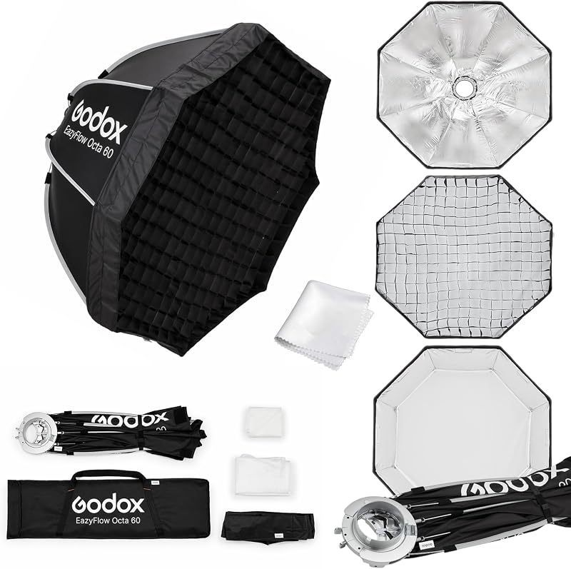 Softbox EazyFlow Octa 60 23.6" Octagonal Softbox | Quick-Folding Bowens Mount Softbox with Honeycomb Grid for Studio Flashes and LED Video Lights, Ideal for Portraits and Trave