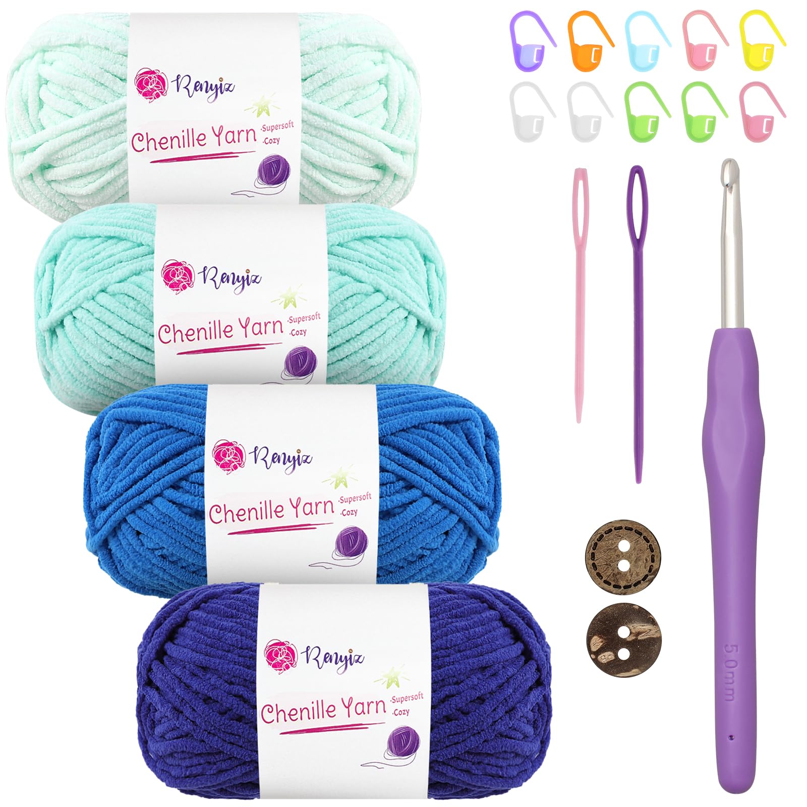 Thick Soft Chunky Chenille Yarn 4x50g Fluffy Wool Perfect for Crochet Baby Blankets with 5mm Crochet Hook, Ideal for Beginners (Blue-4)
