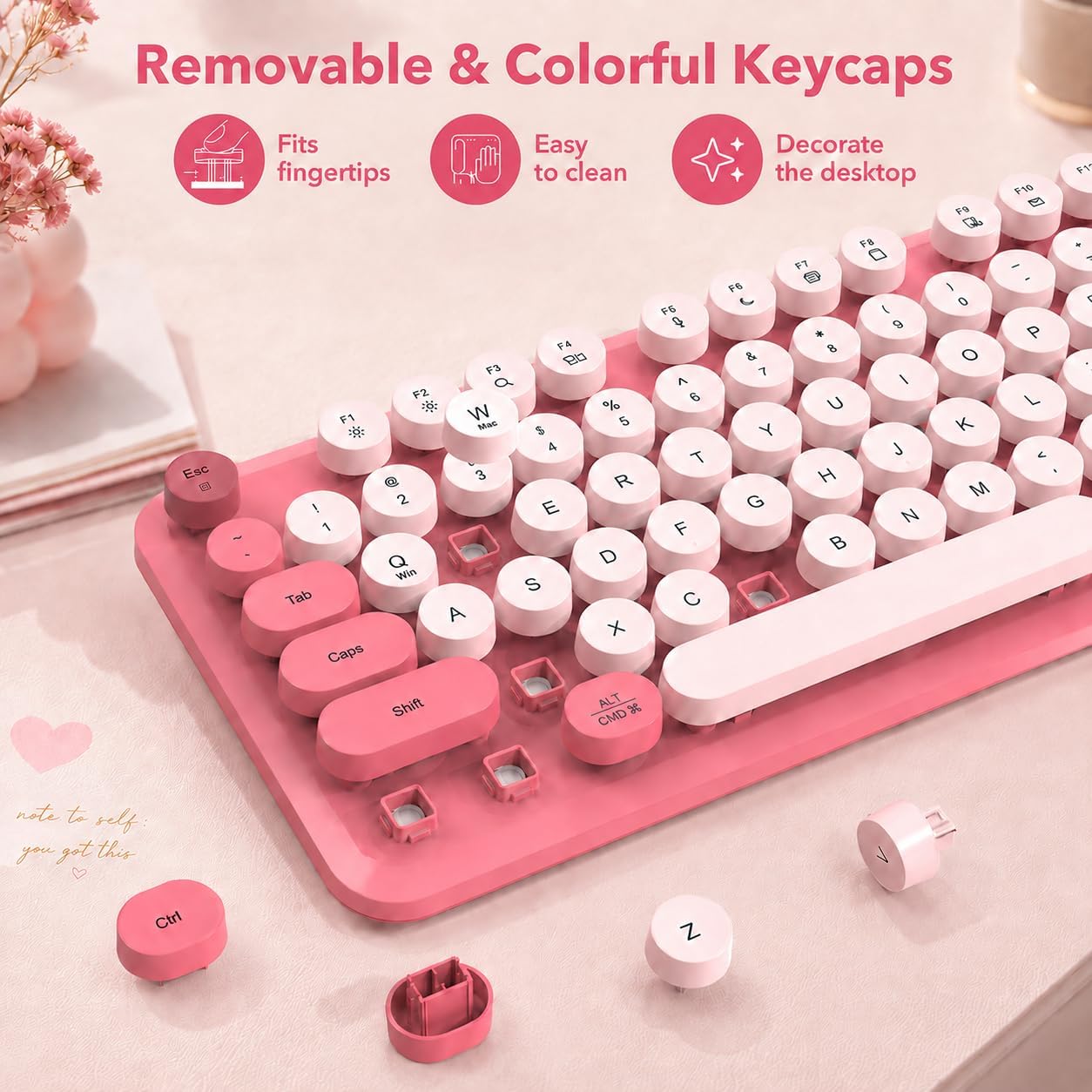 Wireless Keyboard and Mouse Combo, Round Keycaps, Magnetic Wrist Rest, Pink thumbnail
