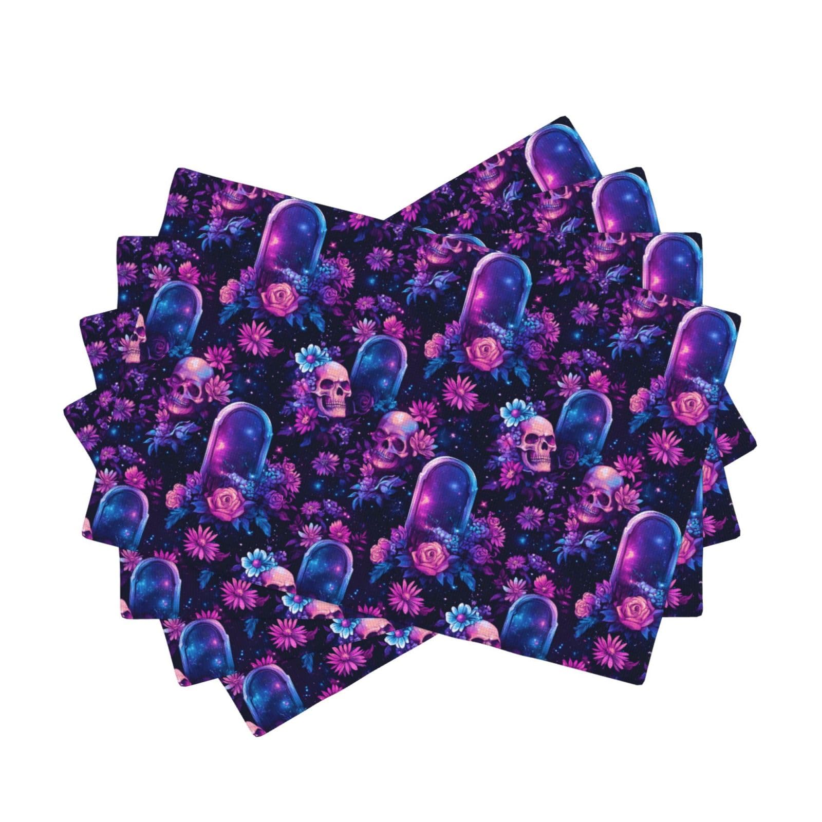 Set de table violet crâne fleuri en faux lin 30x45 cm de cuisine