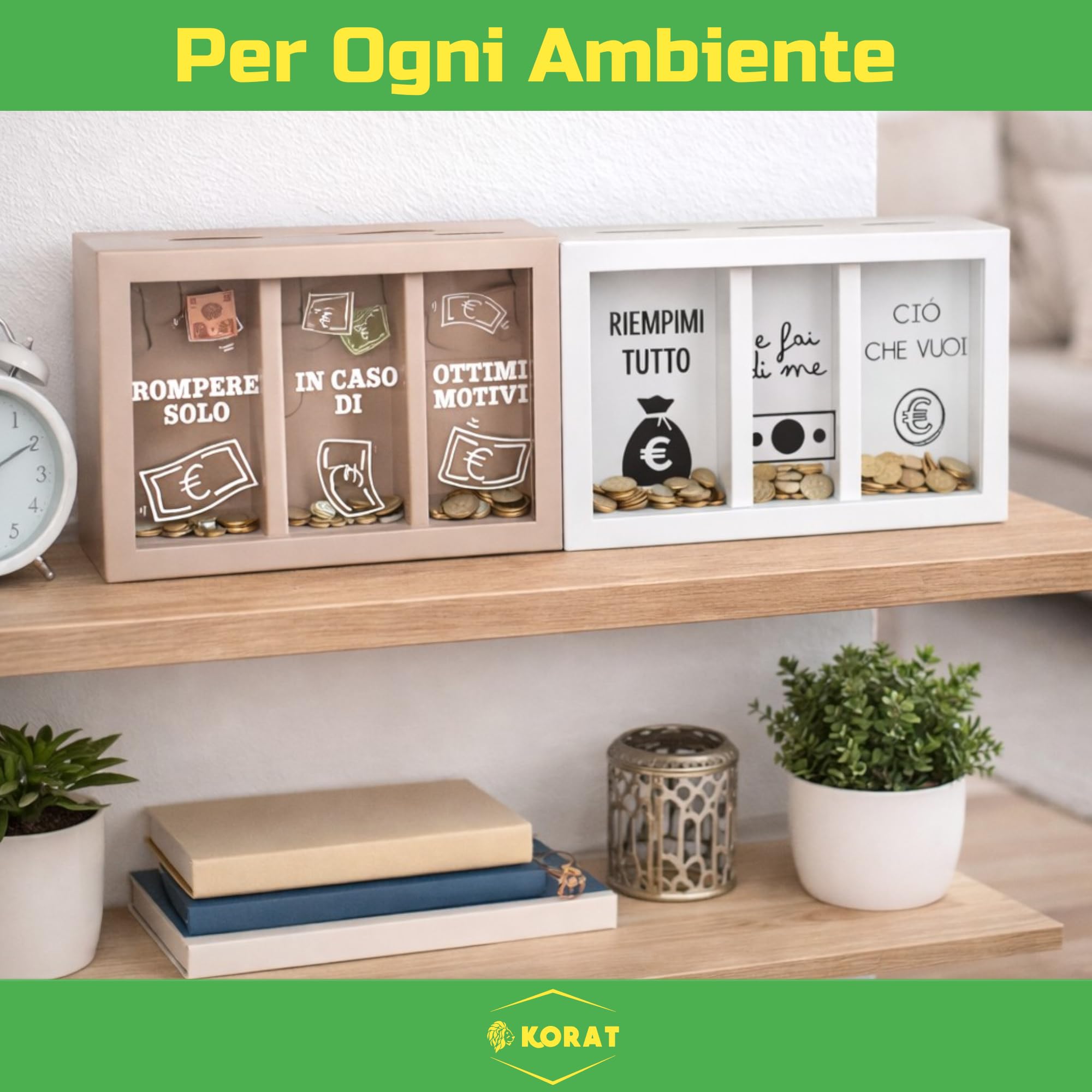 KORAT - Salvadanaio in MDF a 3 Scomparti con Frontale Trasparente – Scatola Risparmio Divertente per Monete e Banconote, Idea Regalo Originale, Organizer Scrivania 23x14,5x h. 5,5 cm
