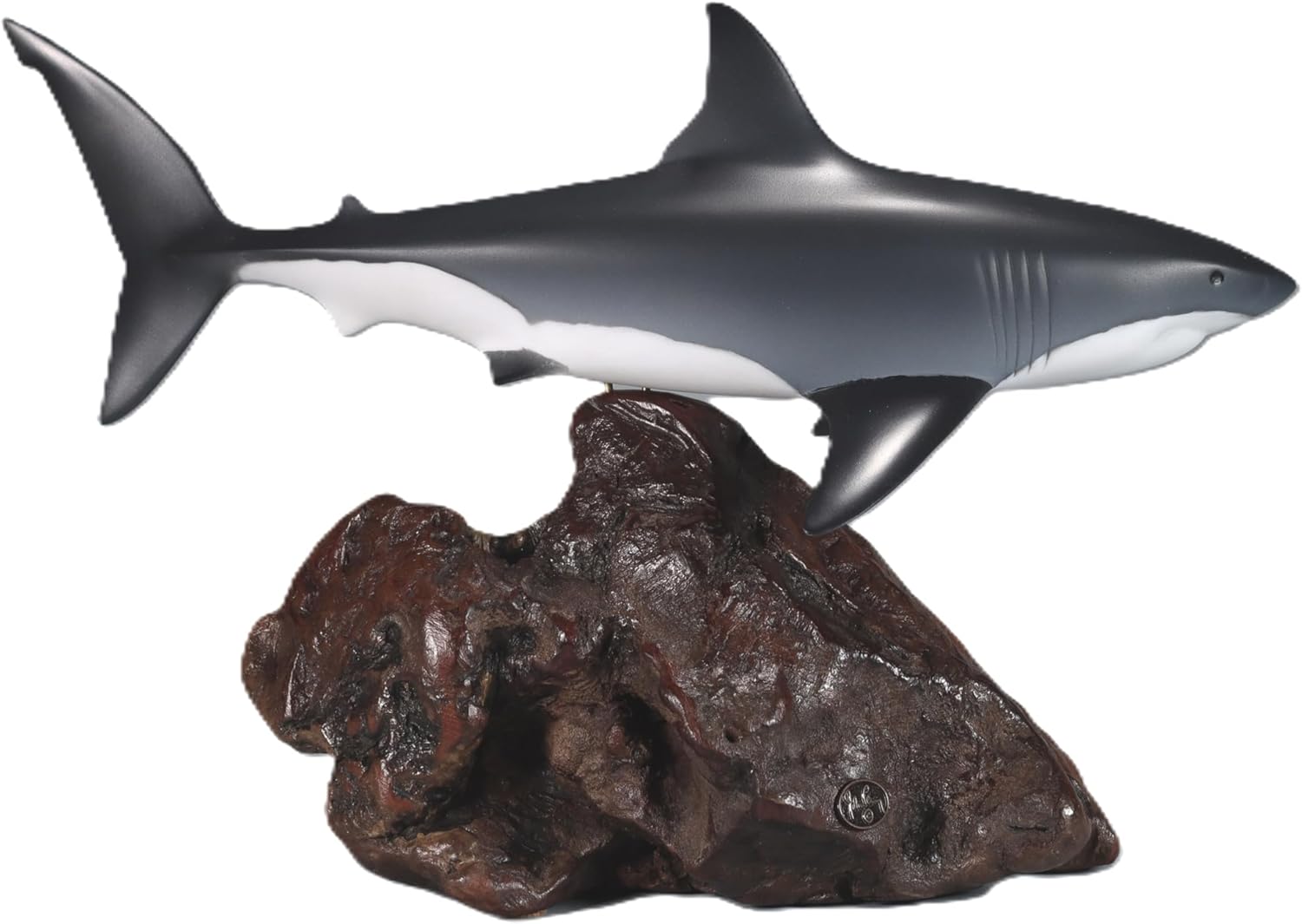 Great White Shark Sculpture by John Perry 15in Long Airbrushed on Polished Burlwood Base. Signed
