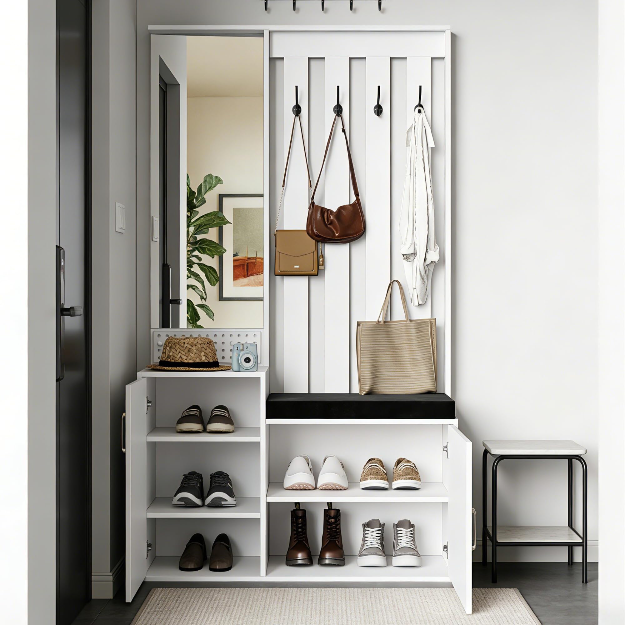 Mueble de entrada con banco y espejo, perchero 6 en 1 multifunción, almacenamiento de zapatos, 4 ganchos, estantería, ahorro de espacio para espacio pequeño, blanco (180 x 100 x 40 cm)