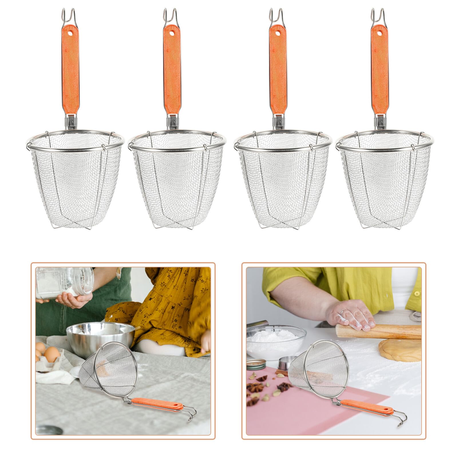 IMIKEYA 4 Stück Nudelsieb Edelstahl Feines Siebgewebe mit Holzgriff Ergonomisch Küchensieb Abtropflöffel für Pasta und Gemüse