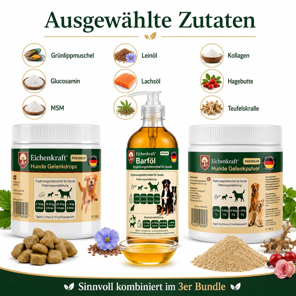 Grünlippmuschel Hund 3er Set Gelenkdrops Gelenkpulver Lachsöl Barf Öl Hunde