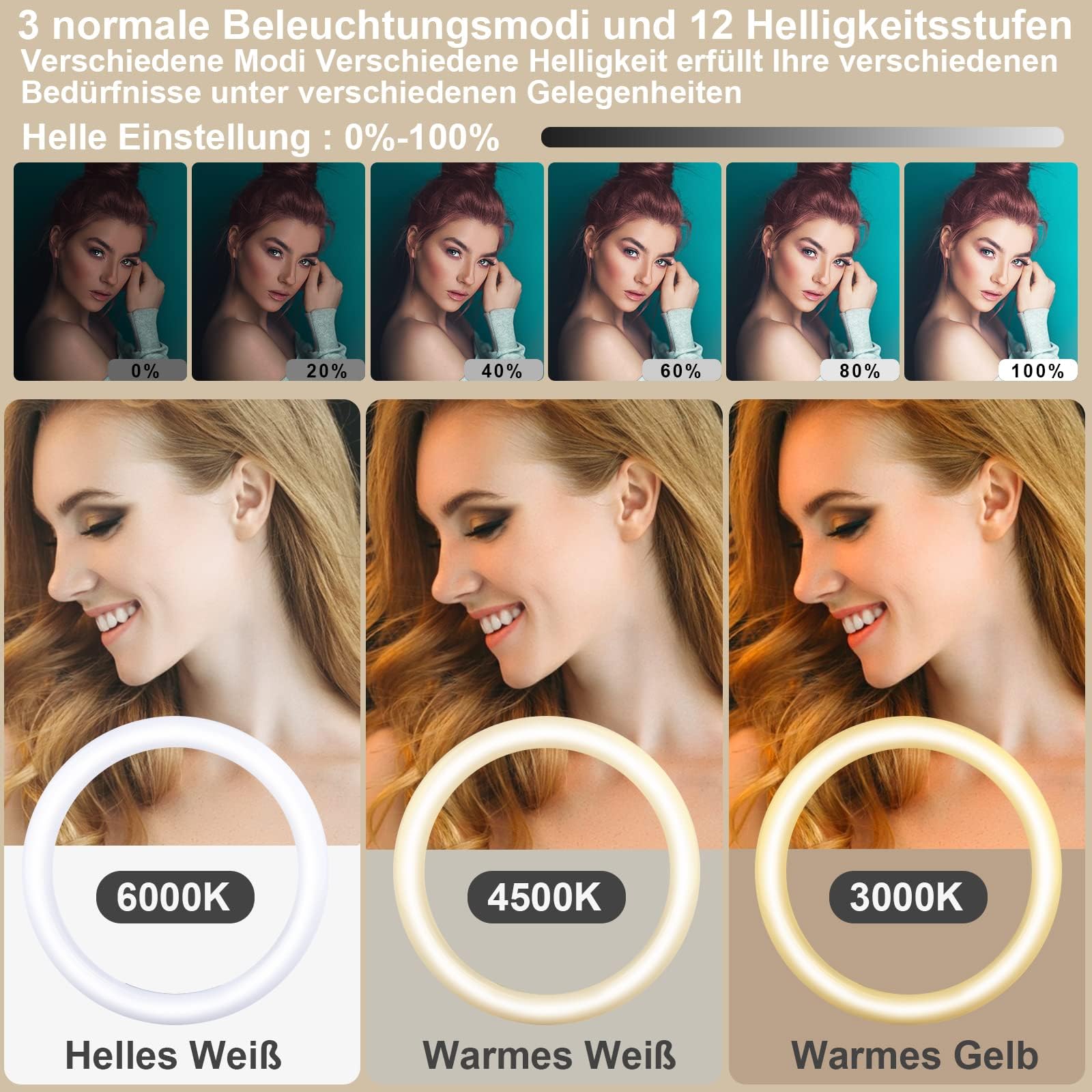 Herrfilk 13 Zoll Ringlicht mit Stativ, 1 Tablet-Clip und 2 Handyhalterungen, 3000-6000K,10 Helligkeiten, Musik modi, 100 RGB-Lichtmodi, LED Ringleuchte für Selfie,Tik Tok Vlog,YouTube, Facebook Video