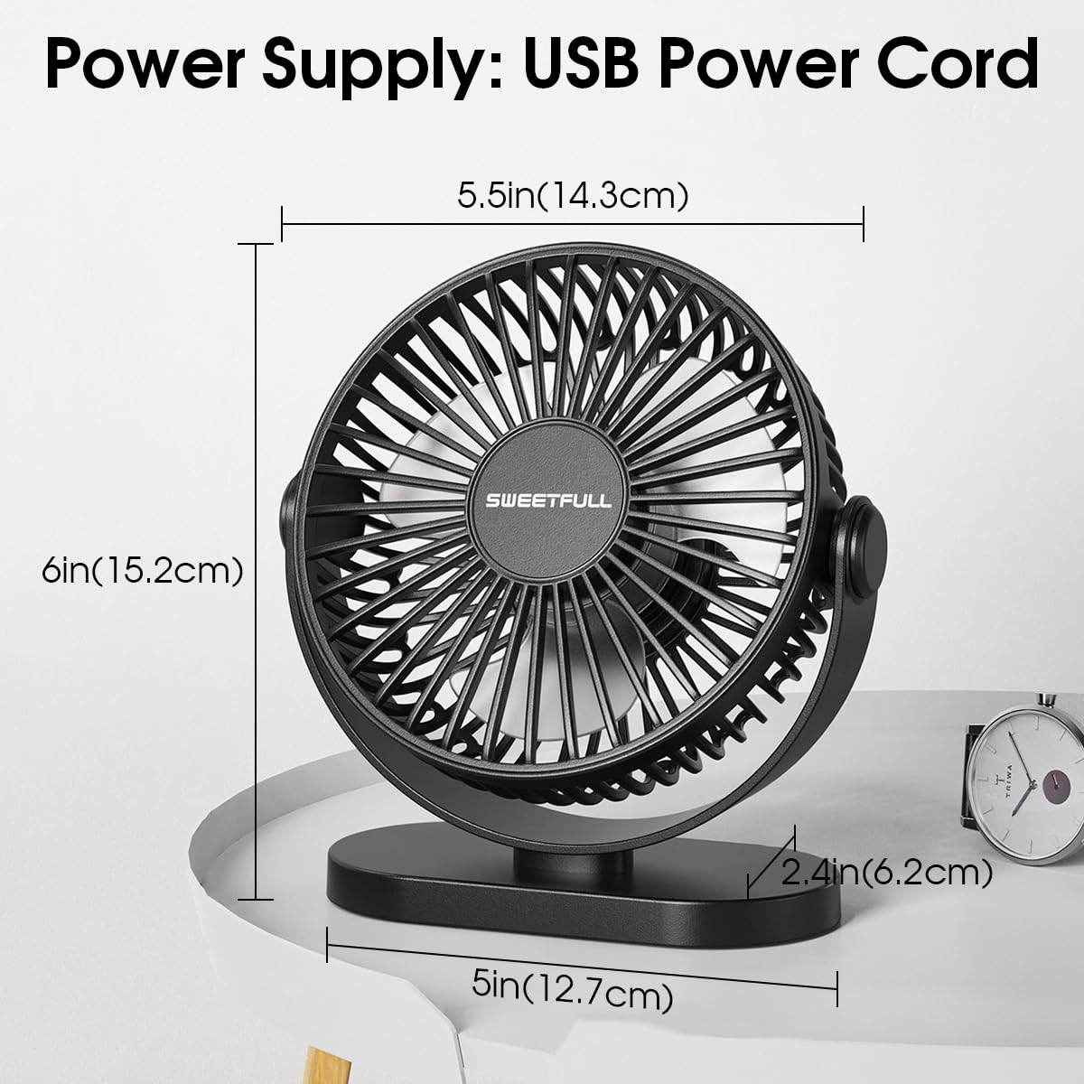 Mini Ventilatore da Scrivania USB, Piccolo Silenzioso 3 Velocità Rotazione a 360° Regolabile 12.7 cm Gadget di Raffreddamento da Tavolo per Ufficio su Scrivania (Nero)