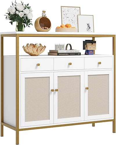 BOTLOG Armario de buffet con almacenamiento, armario de cocina con puertas y cajones de ratán, armario de almacenamiento con estante ajustable para