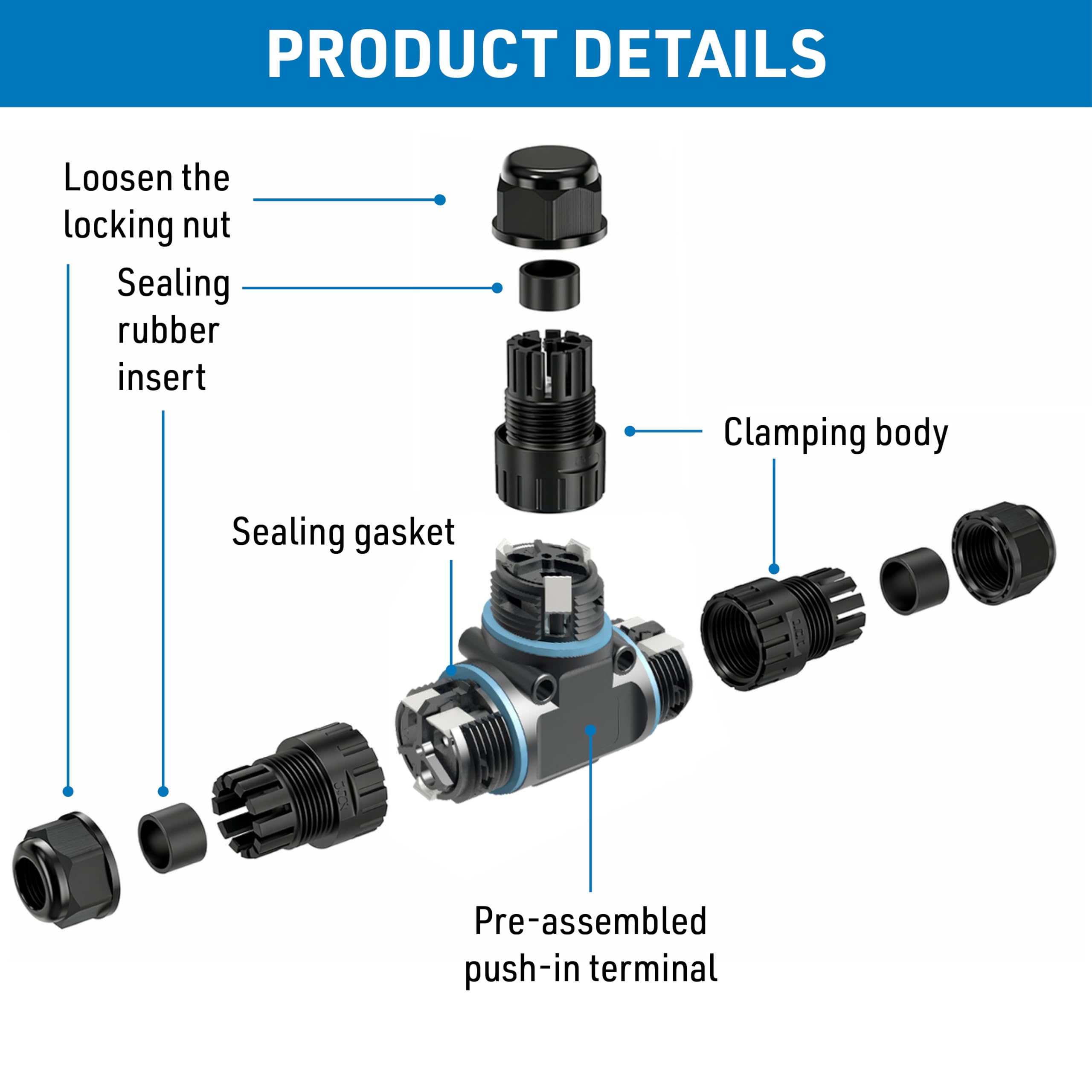 Electraline 71736 Conector estanco en forma de t, 3 polos, 3 vías, ideal para jardines y espacios exteriores, para cables externos IP68