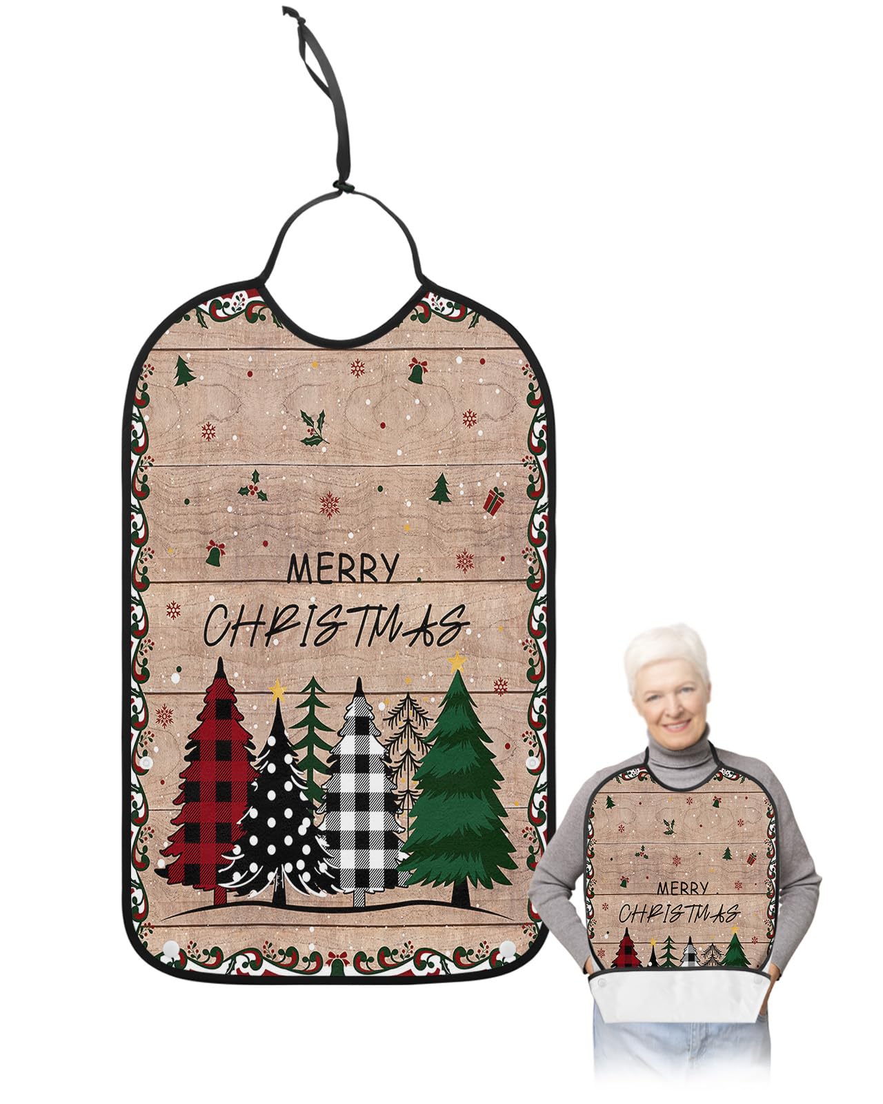 Kewadony Adult Bibs for Elderly Women - Christmas Tree Waterproof Dining Clothing Protectors with Crumb Catcher for Eating/Feeding, Vintage Xmas Tree Winter Snowflake Terry Cloth Bib Machine Washable