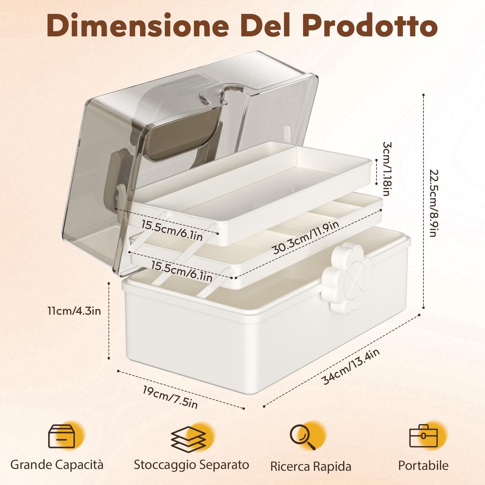 Mihoho Grande scatola per medicinali a 3 strati, organizer per medicinali a 3 livelli, organizer per scatole di immagazzinaggio con scomparti, custodia per kit di emergenza per la famiglia (bianco)